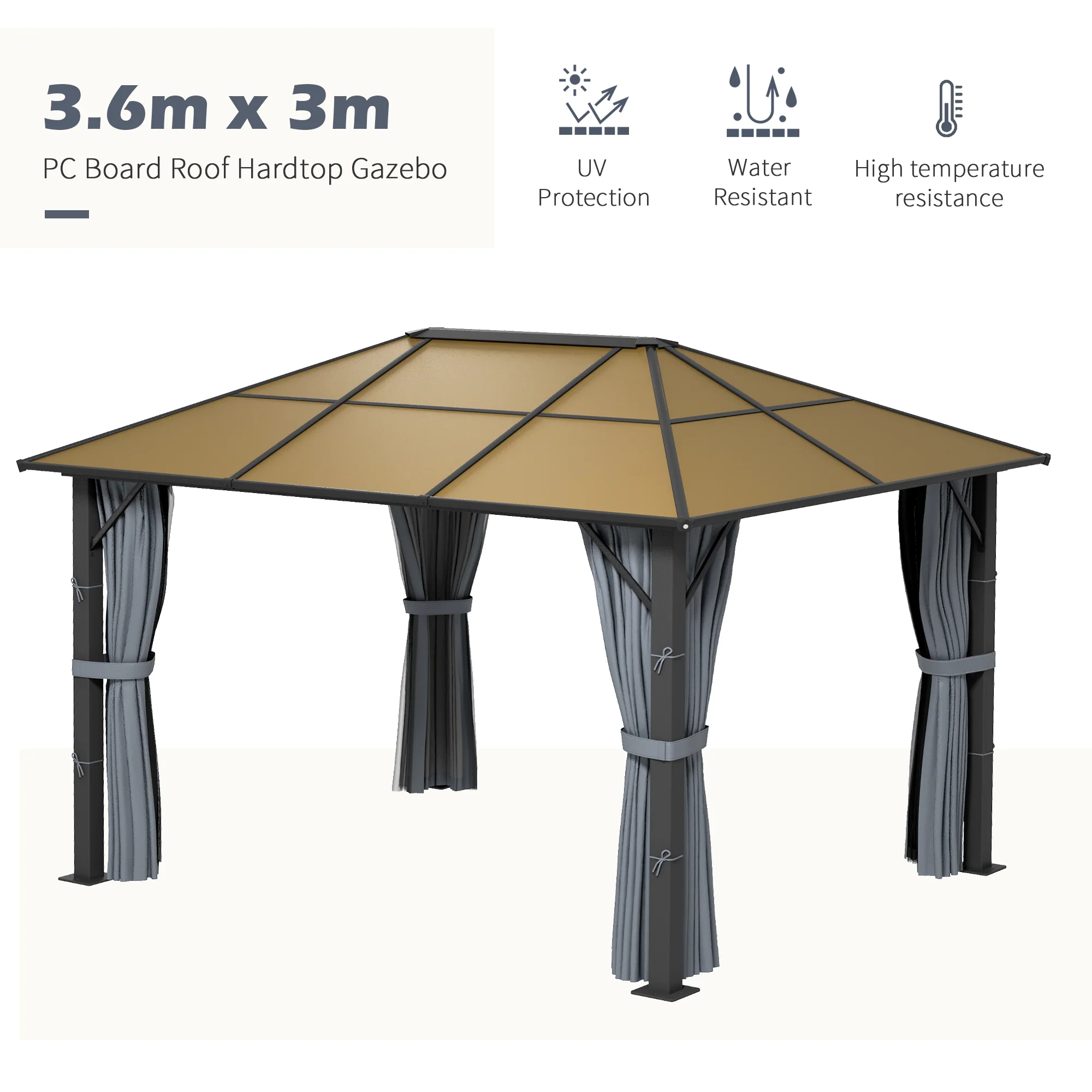3 x 3.6m Aluminium Frame Hardtop Gazebo Canopy with Polycarbonate Roof, Grey - Image 6