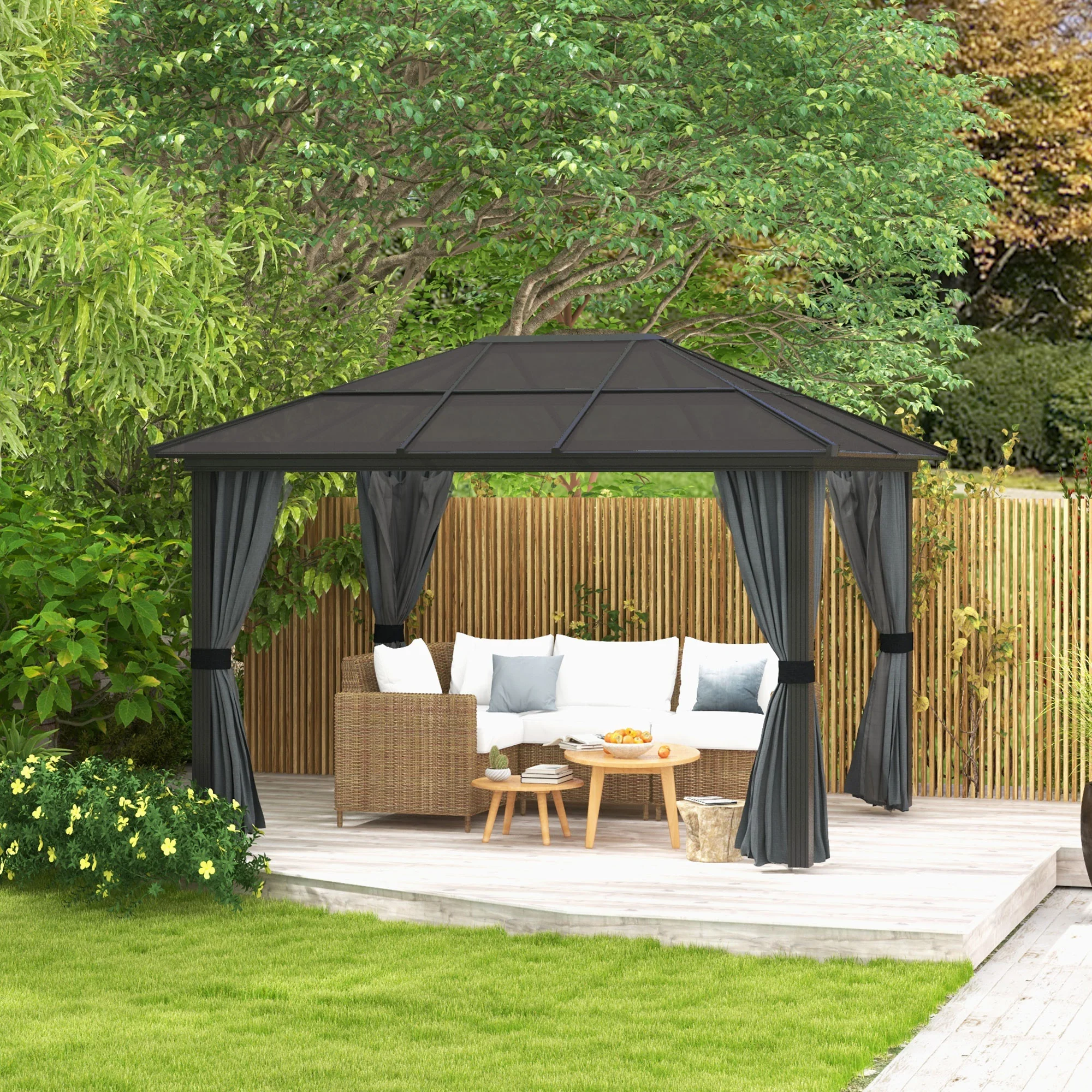 3 x 3.6m Aluminium Frame Hardtop Gazebo Canopy with Polycarbonate Roof, Dark Grey - Image 3