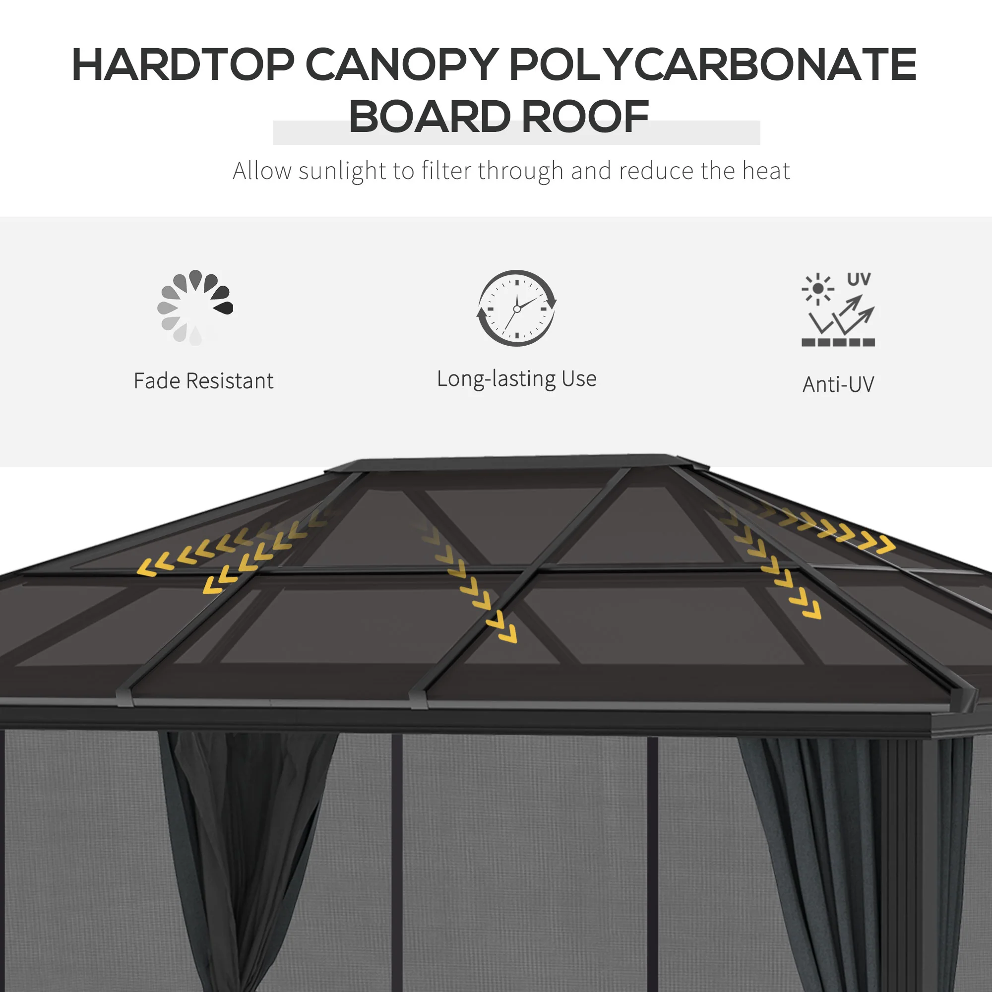 3 x 3.6m Aluminium Frame Hardtop Gazebo Canopy with Polycarbonate Roof, Dark Grey - Image 6