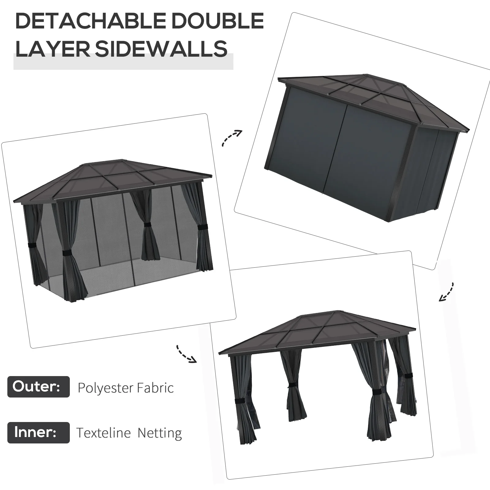 3 x 3.6m Aluminium Frame Hardtop Gazebo Canopy with Polycarbonate Roof, Dark Grey - Image 7