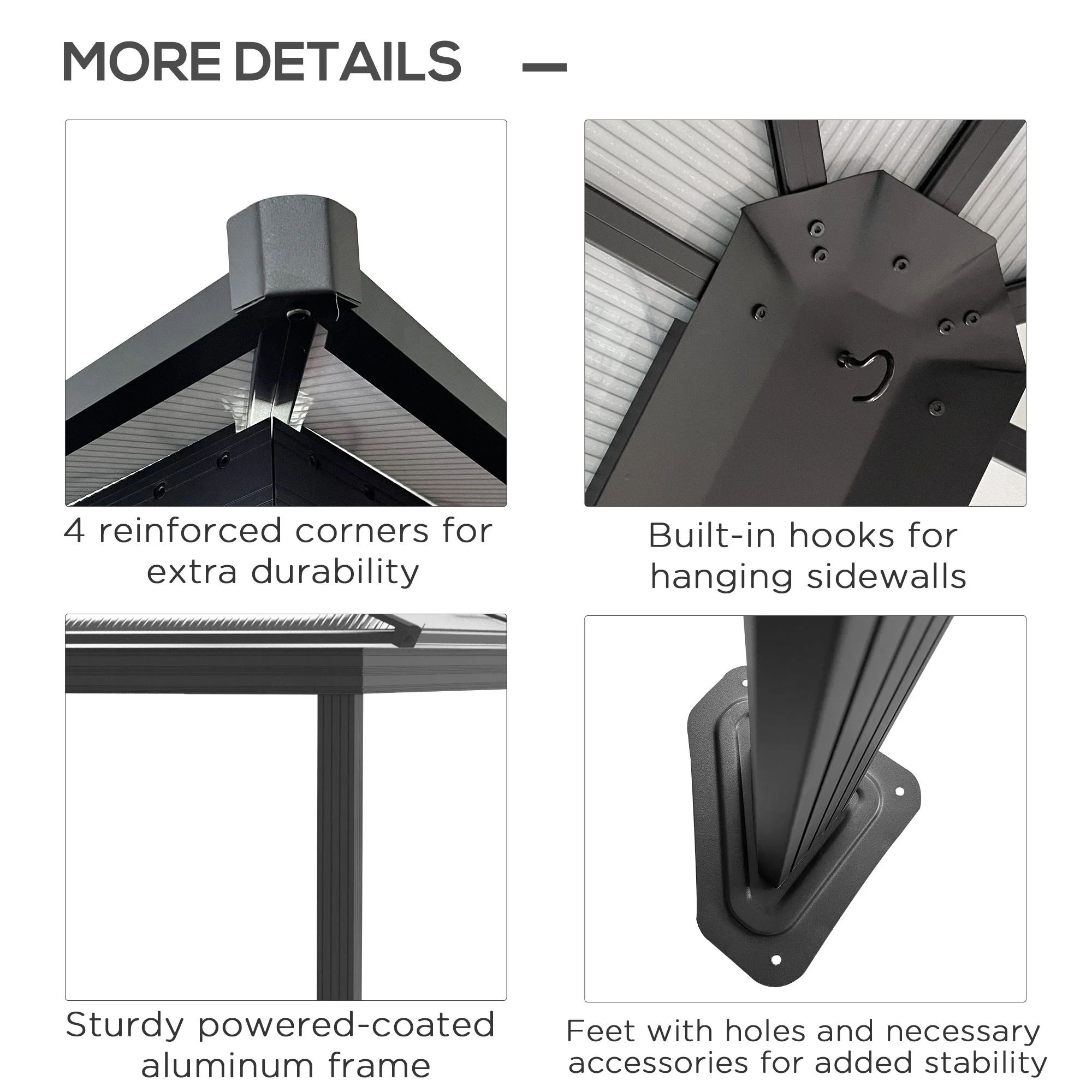 3 x 3.6m Aluminium Frame Hardtop Gazebo Canopy with Polycarbonate Roof, Dark Grey - Image 8