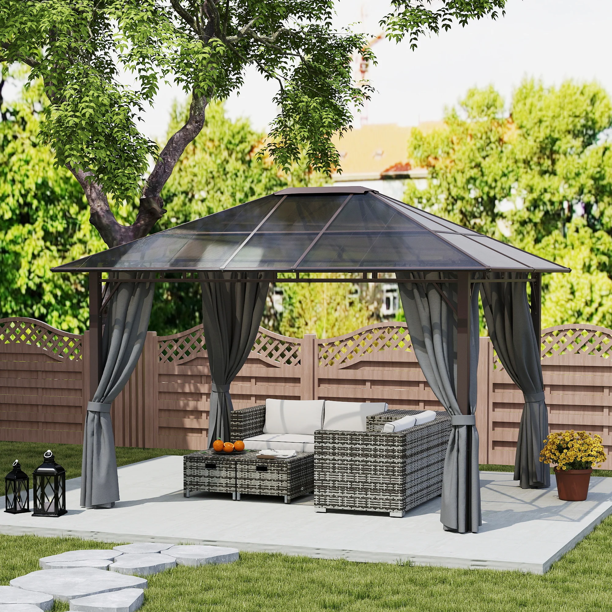 3 x 3.6m Steel Frame Hardtop Gazebo Canopy with Polycarbonate Roof & Curtains, Dark Grey - Image 10