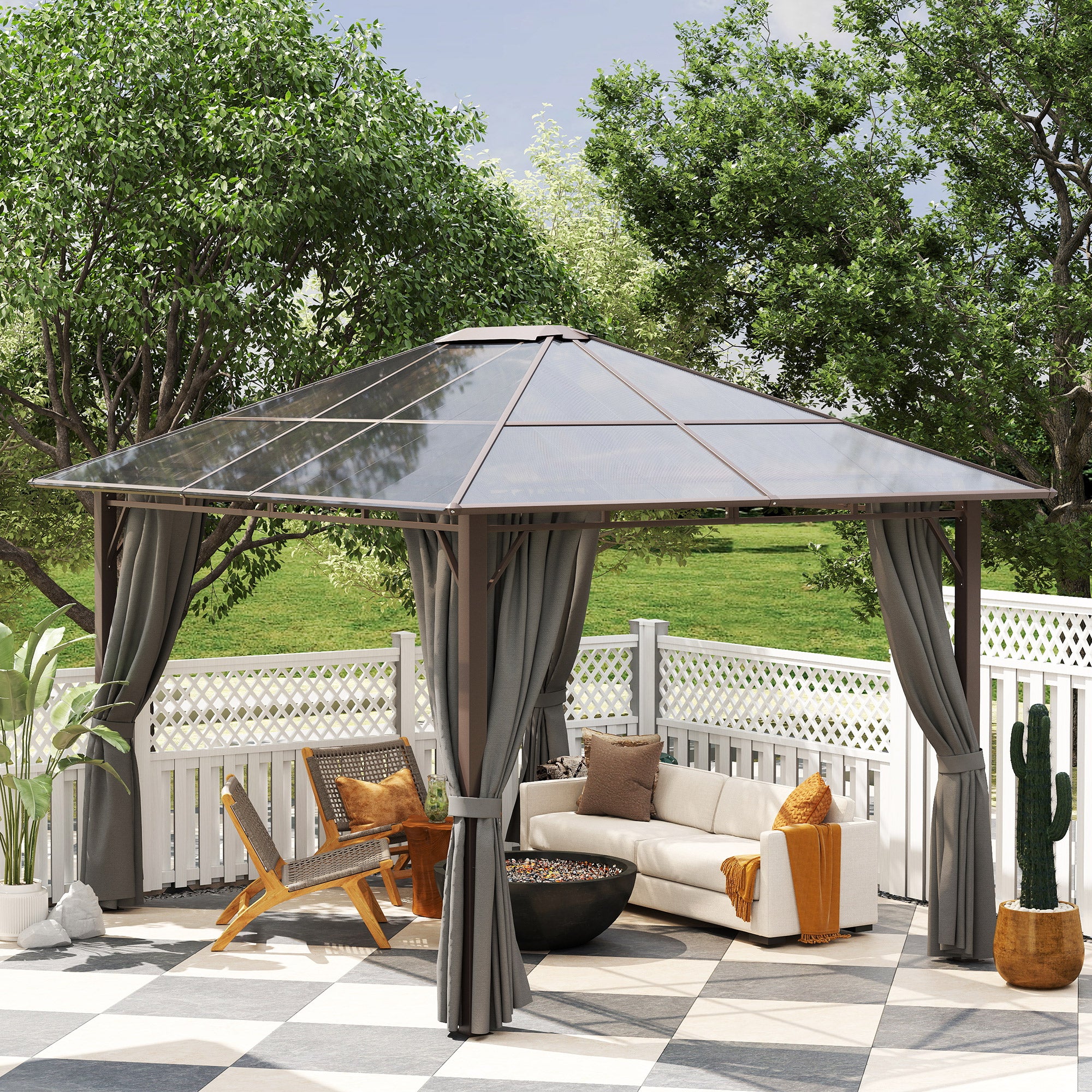 3 x 3.6m Steel Frame Hardtop Gazebo Canopy with Polycarbonate Roof & Curtains, Dark Grey - Image 11