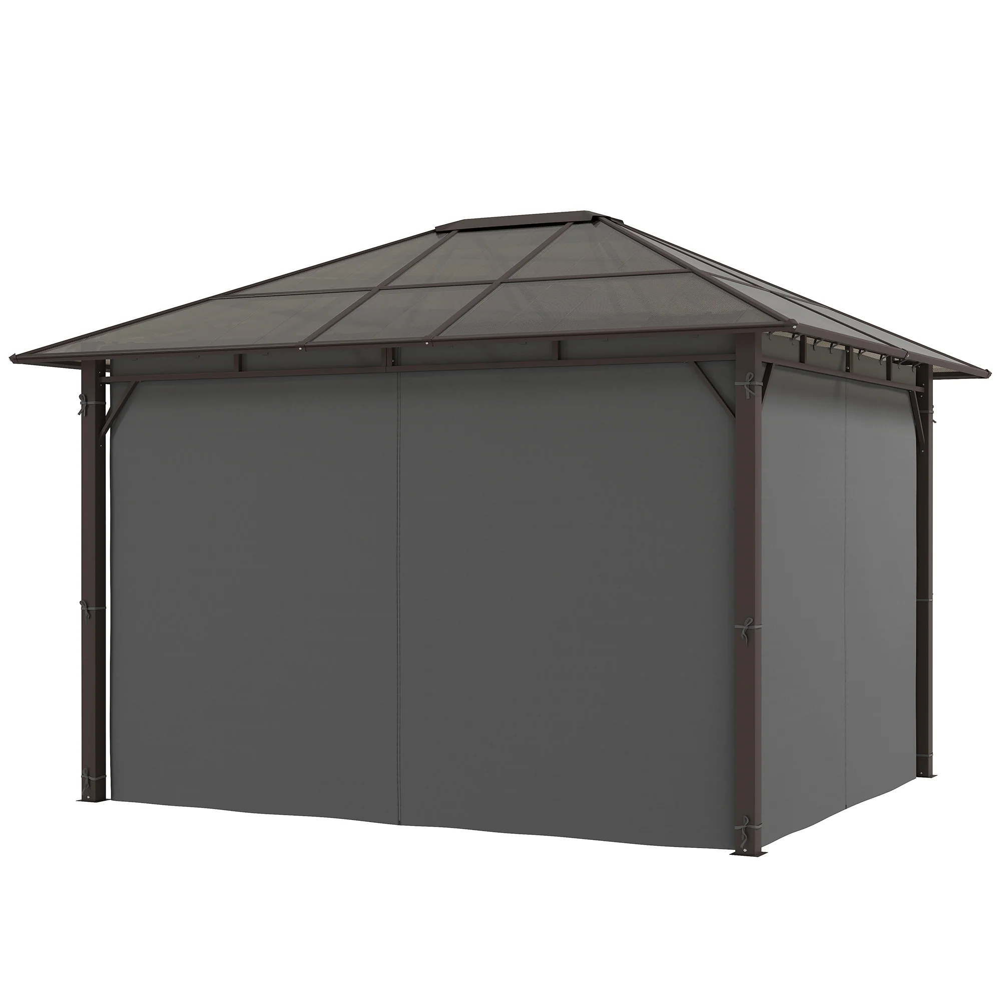 3 x 3.6m Steel Frame Hardtop Gazebo Canopy with Polycarbonate Roof & Curtains, Dark Grey - Image 2