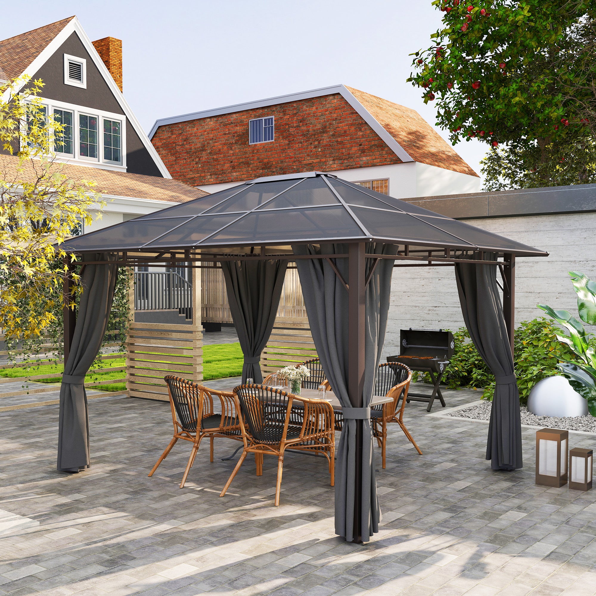 3 x 3.6m Steel Frame Hardtop Gazebo Canopy with Polycarbonate Roof & Curtains, Dark Grey - Image 3