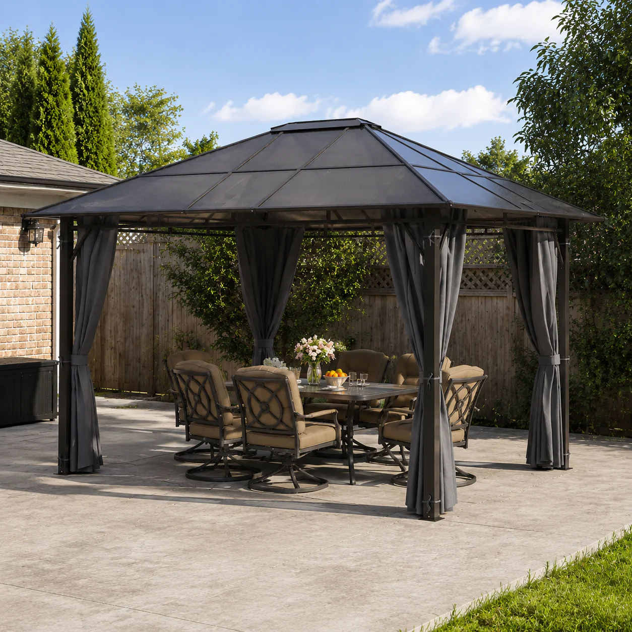 3 x 3.6m Steel Frame Hardtop Gazebo Canopy with Polycarbonate Roof & Curtains, Dark Grey - Image 4