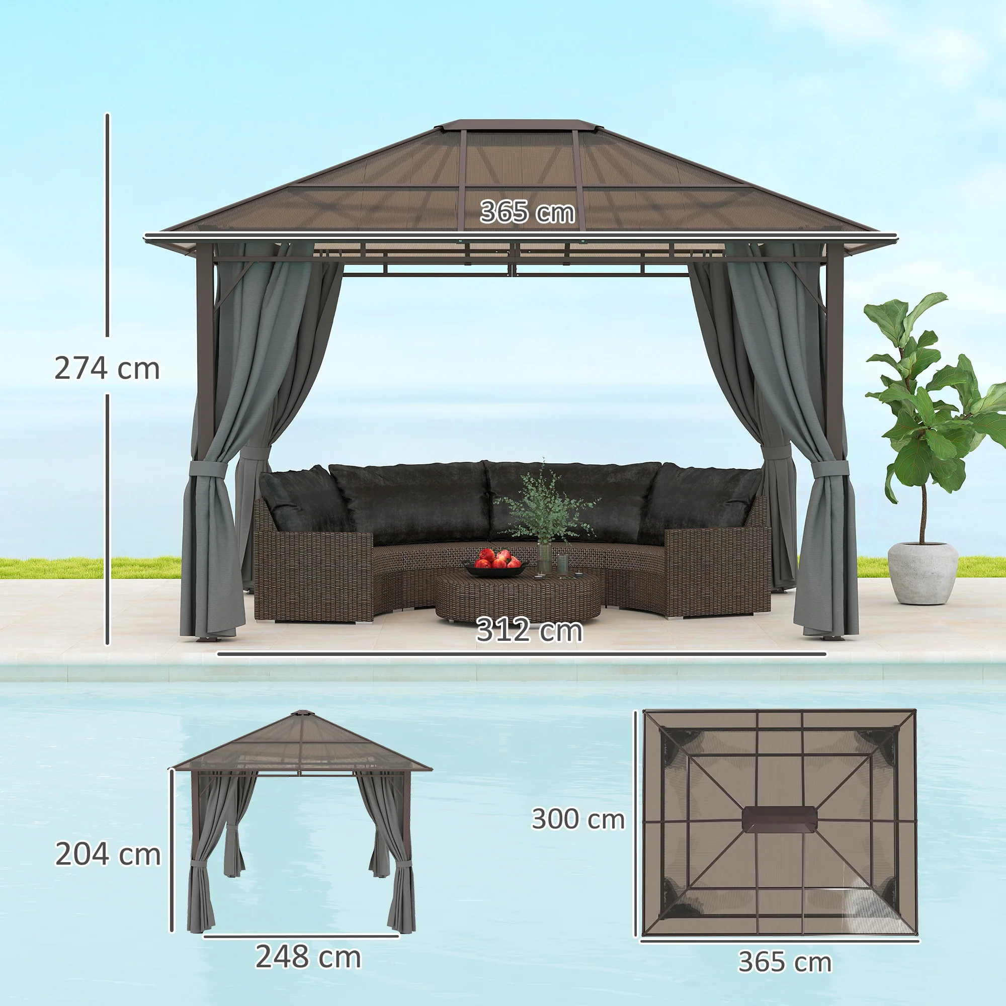 3 x 3.6m Steel Frame Hardtop Gazebo Canopy with Polycarbonate Roof & Curtains, Dark Grey - Image 5