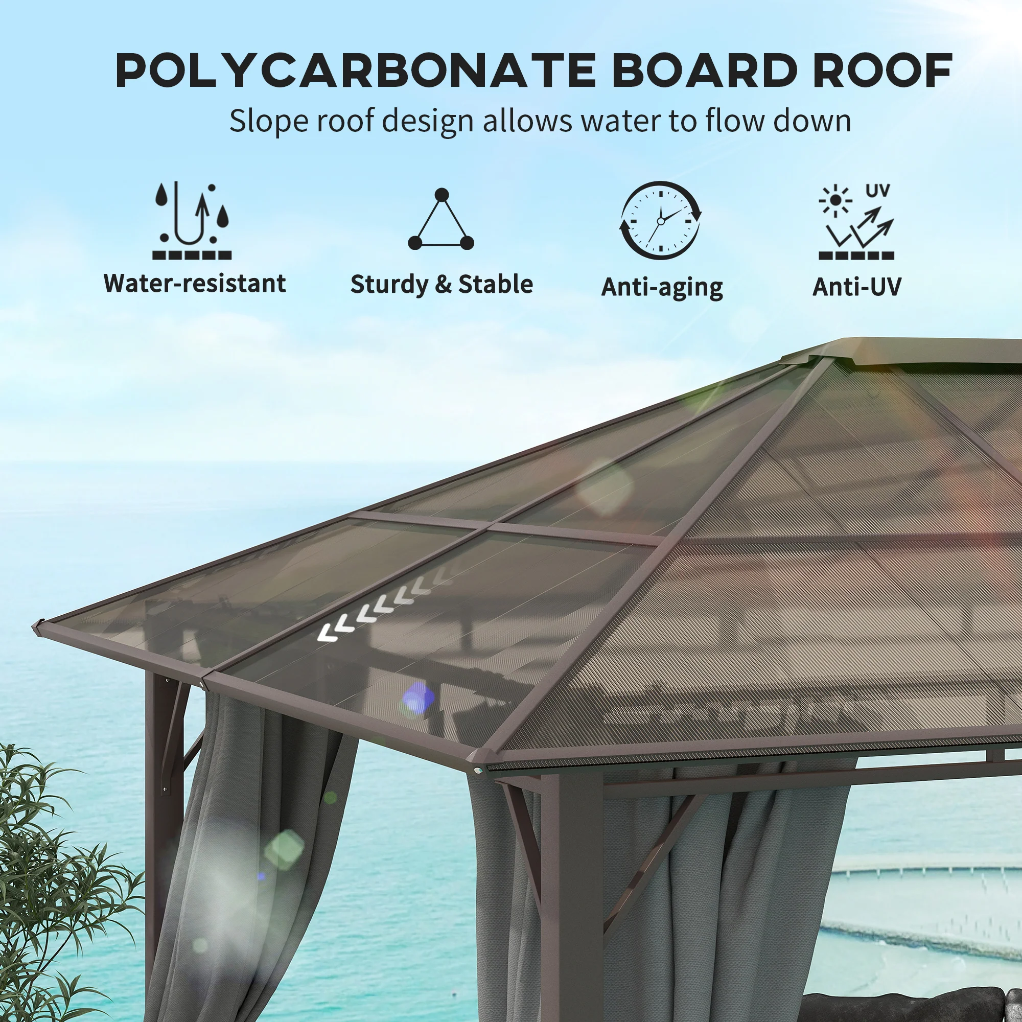 3 x 3.6m Steel Frame Hardtop Gazebo Canopy with Polycarbonate Roof & Curtains, Dark Grey - Image 6