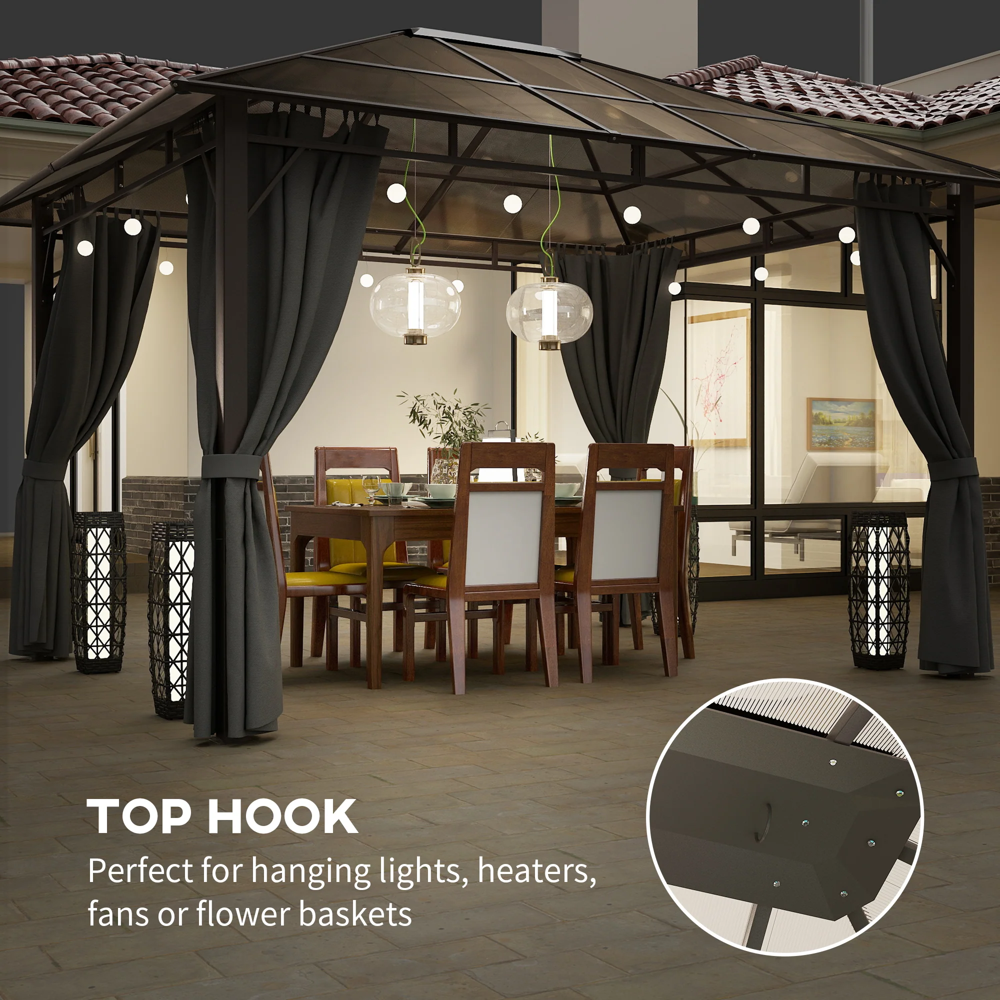 3 x 3.6m Steel Frame Hardtop Gazebo Canopy with Polycarbonate Roof & Curtains, Dark Grey - Image 7