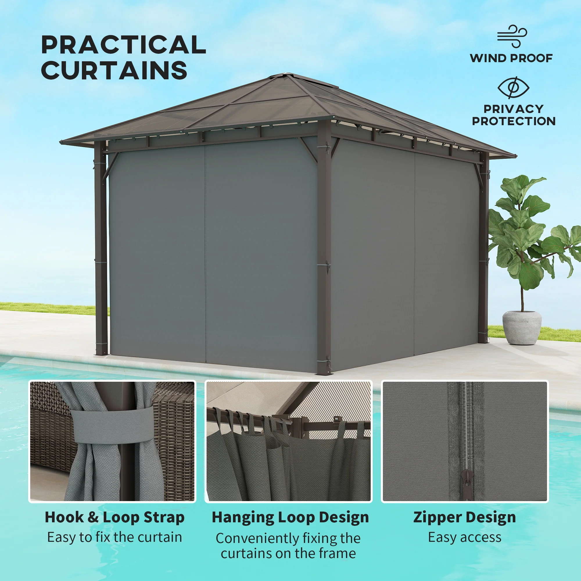 3 x 3.6m Steel Frame Hardtop Gazebo Canopy with Polycarbonate Roof & Curtains, Dark Grey - Image 8