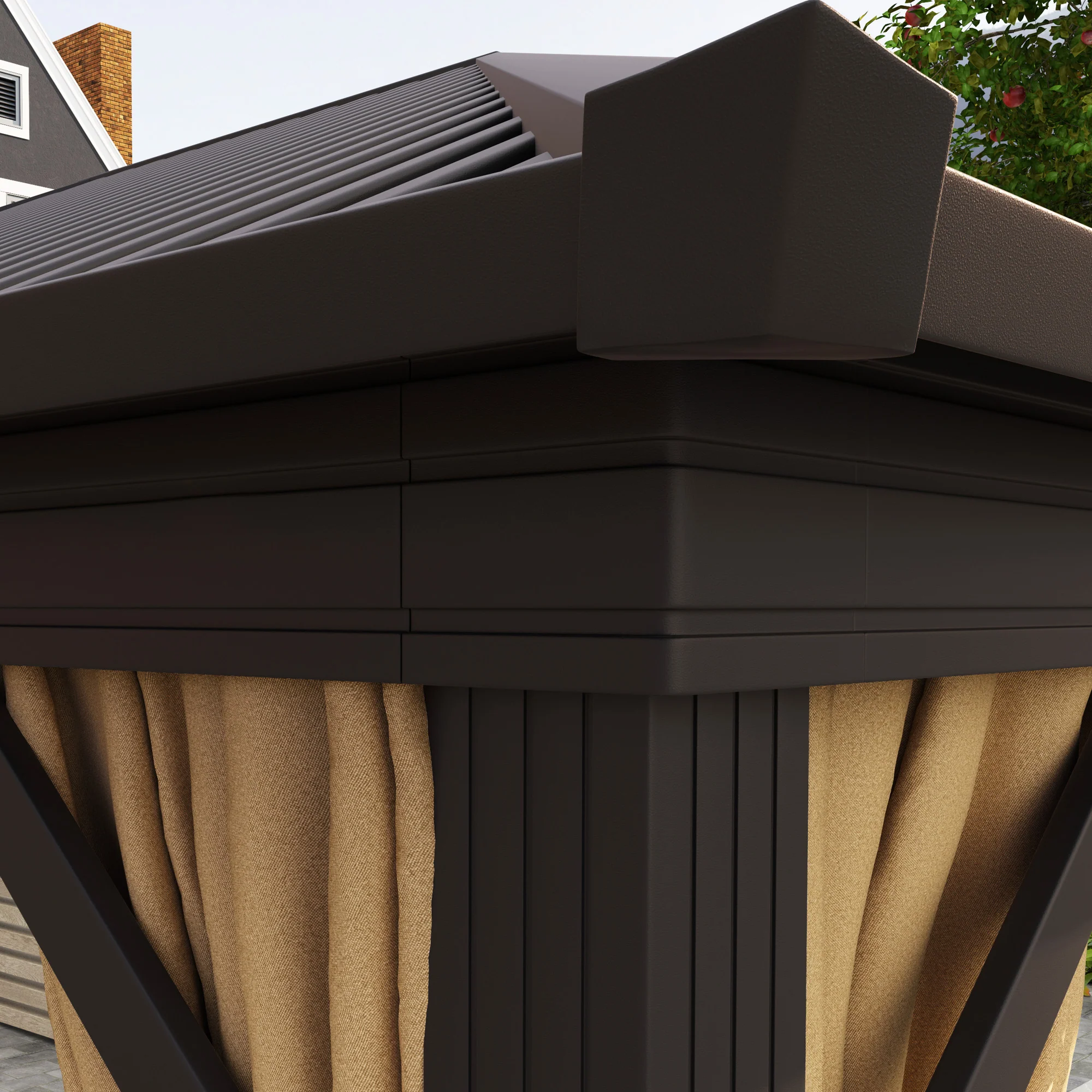 3 x 3.6m Aluminium Hardtop Gazebo Canopy with Metal Roof, Netting & Curtains, Brown - Image 11