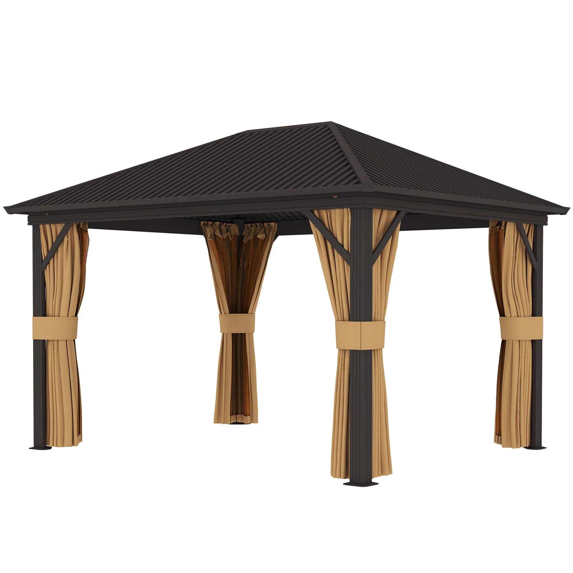 3 x 3.6m Aluminium Hardtop Gazebo Canopy with Metal Roof, Netting & Curtains, Brown - Image 2