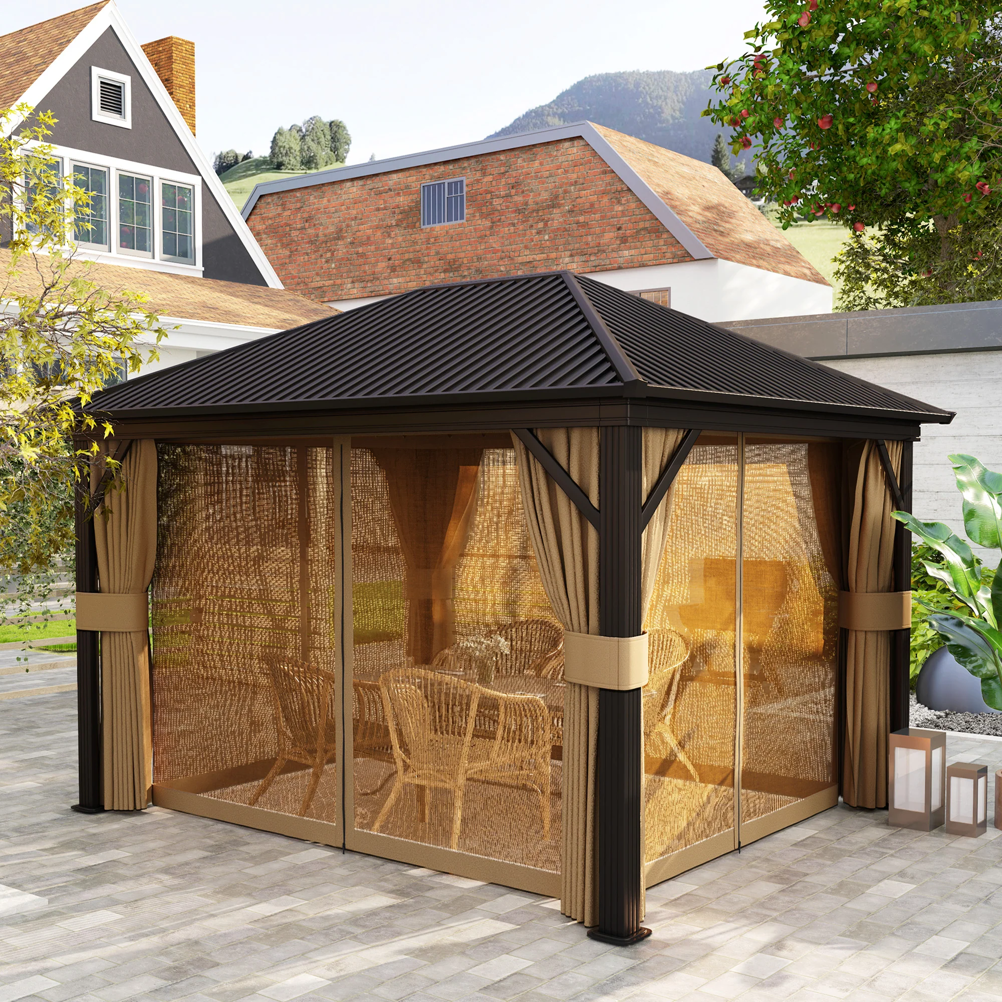 3 x 3.6m Aluminium Hardtop Gazebo Canopy with Metal Roof, Netting & Curtains, Brown - Image 4