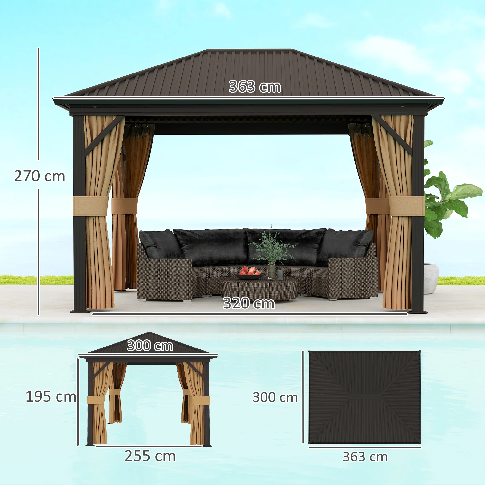 3 x 3.6m Aluminium Hardtop Gazebo Canopy with Metal Roof, Netting & Curtains, Brown - Image 5