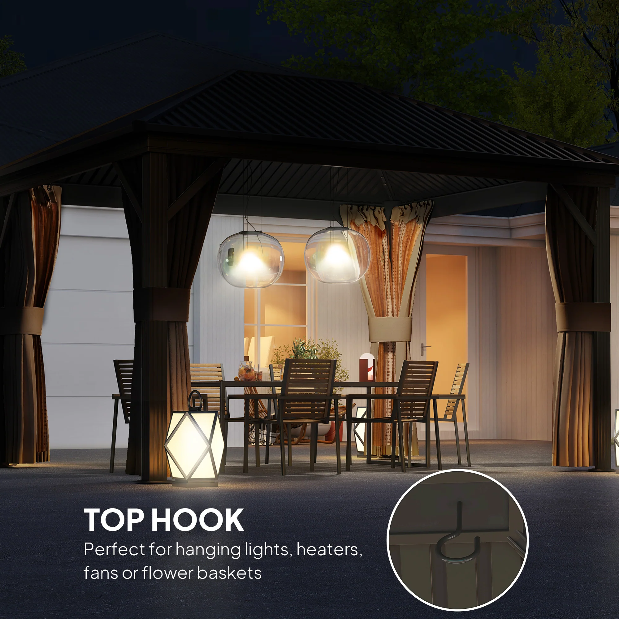 3 x 3.6m Aluminium Hardtop Gazebo Canopy with Metal Roof, Netting & Curtains, Brown - Image 7