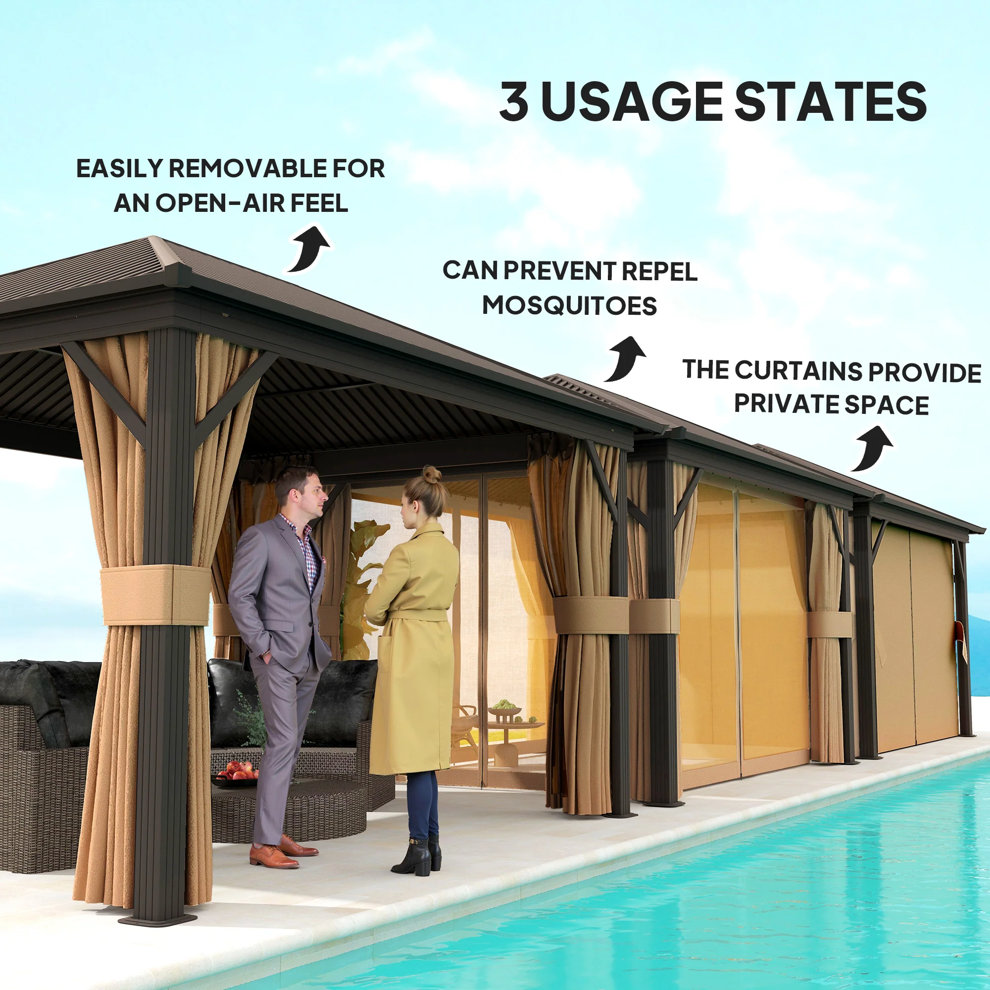 3 x 3.6m Aluminium Hardtop Gazebo Canopy with Metal Roof, Netting & Curtains, Brown - Image 9