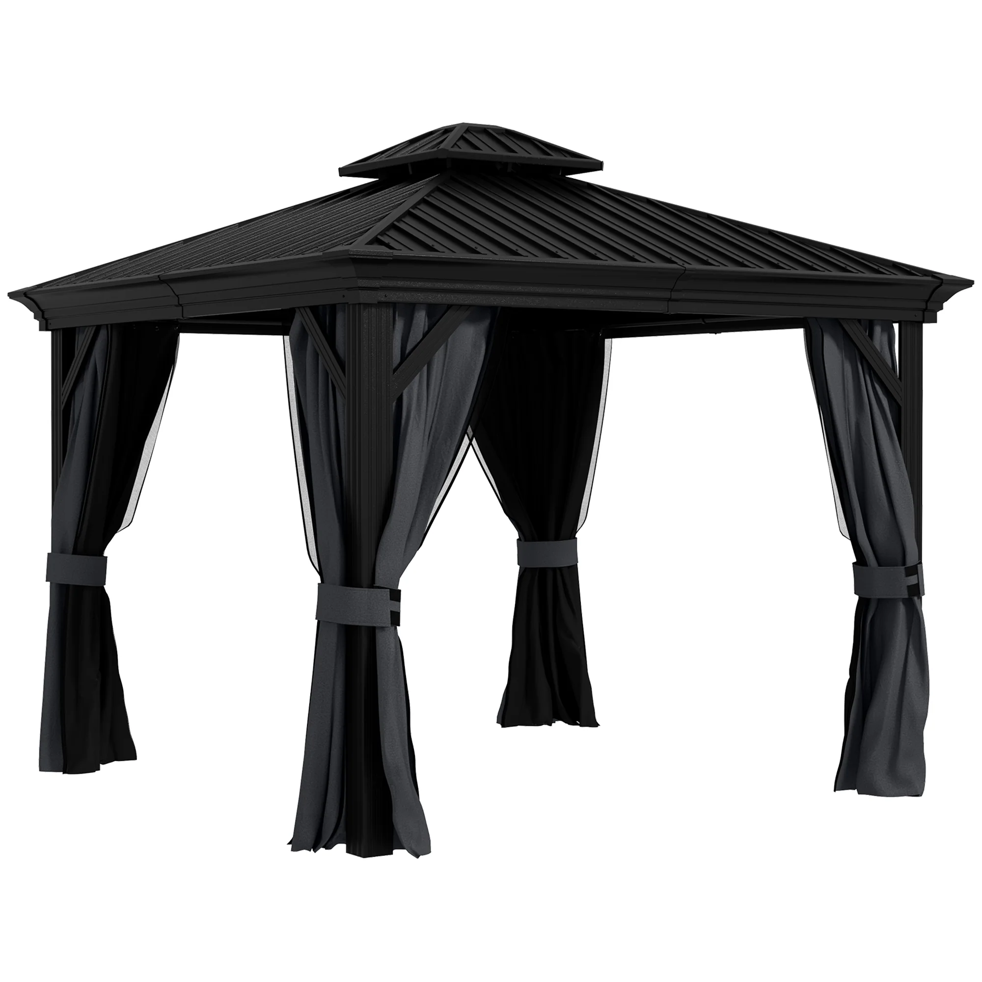 3 x 3.7m Hardtop Gazebo Canopy with 2-Tier Roof & Mesh Netting Sidewalls, Dark Grey