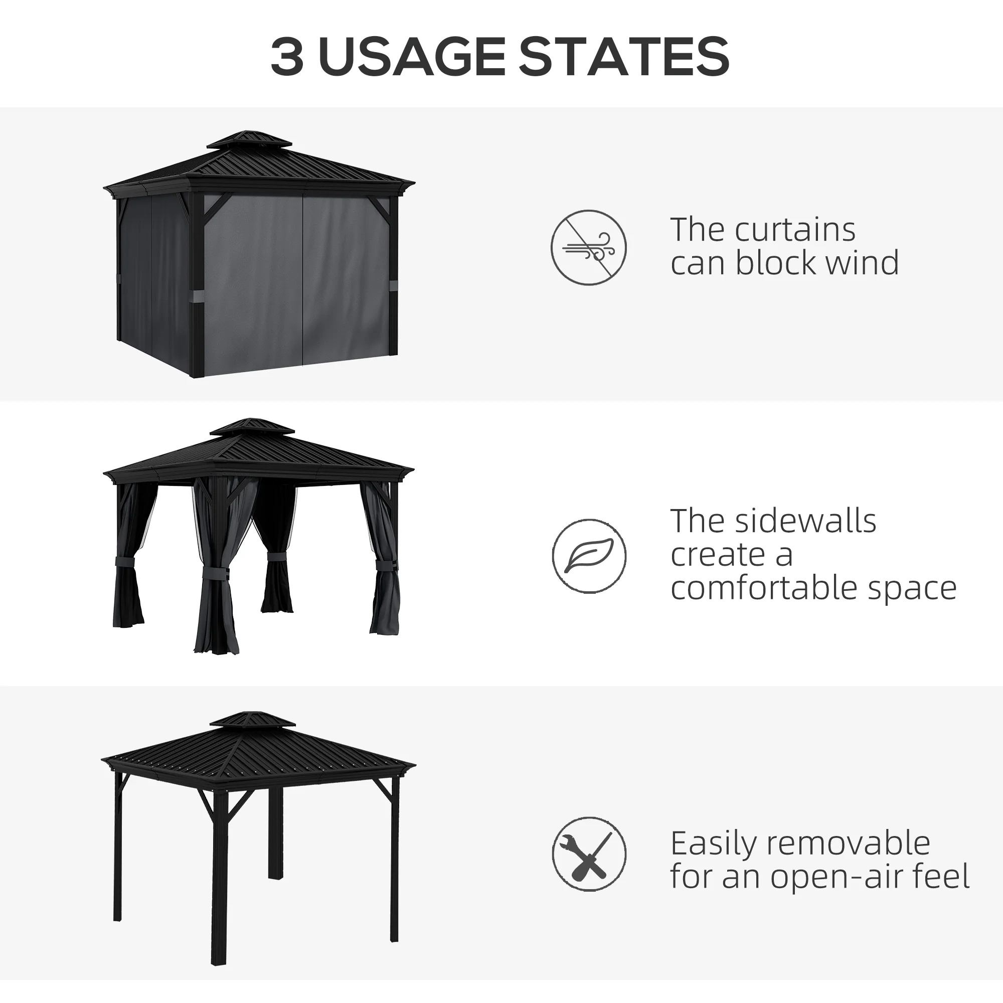 3 x 3.7m Hardtop Gazebo Canopy with 2-Tier Roof & Mesh Netting Sidewalls, Dark Grey - Image 10