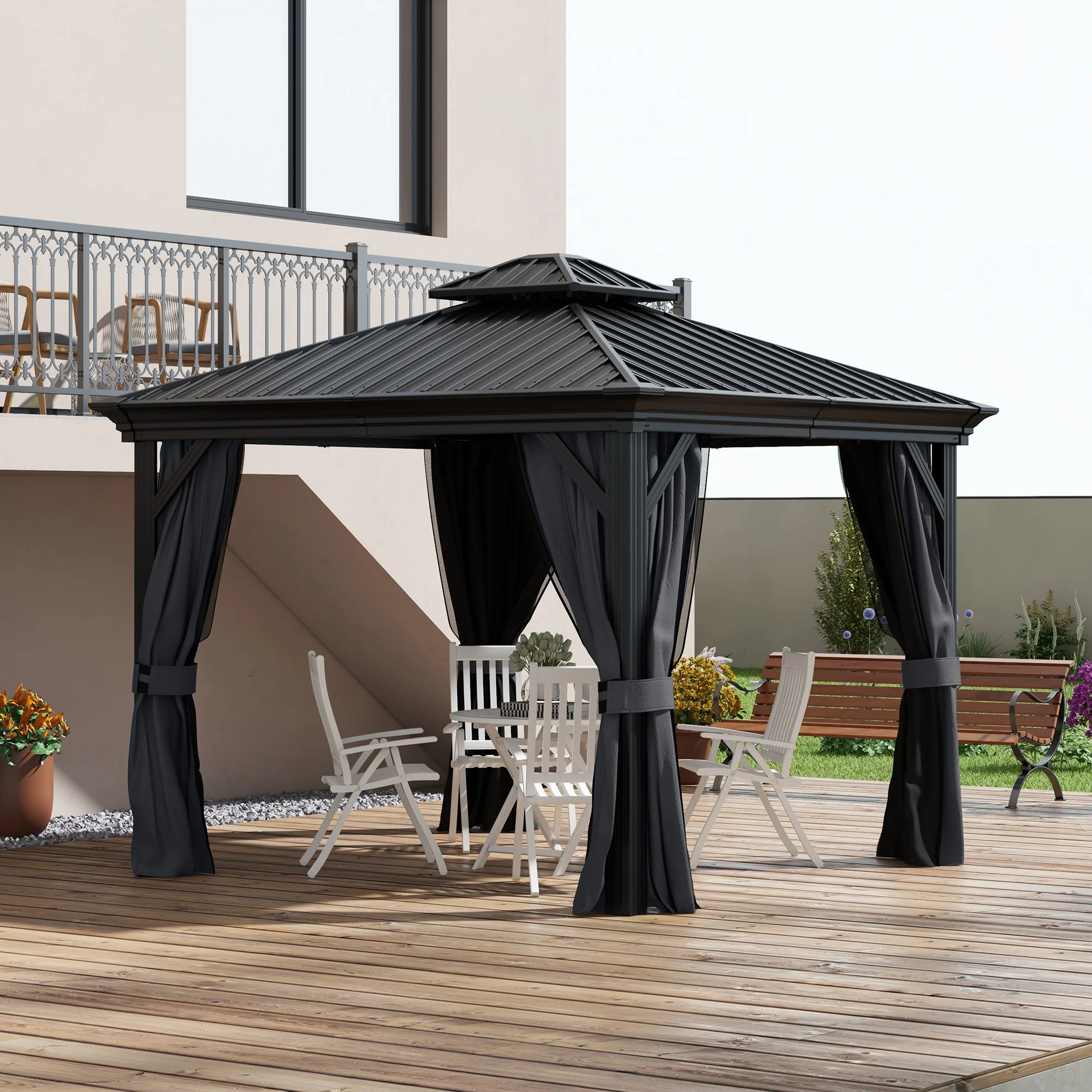 3 x 3.7m Hardtop Gazebo Canopy with 2-Tier Roof & Mesh Netting Sidewalls, Dark Grey - Image 3