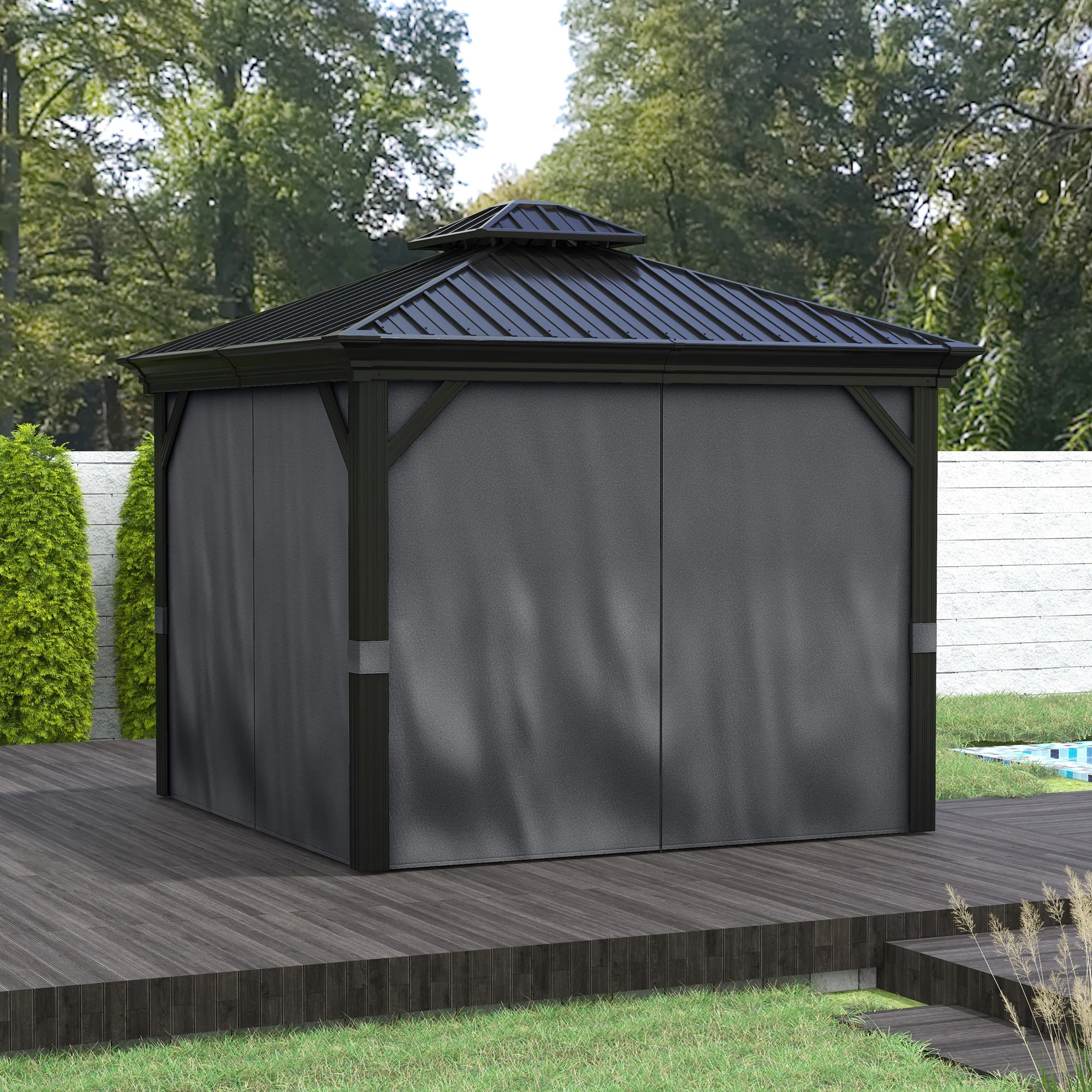 3 x 3.7m Hardtop Gazebo Canopy with 2-Tier Roof & Mesh Netting Sidewalls, Dark Grey - Image 4