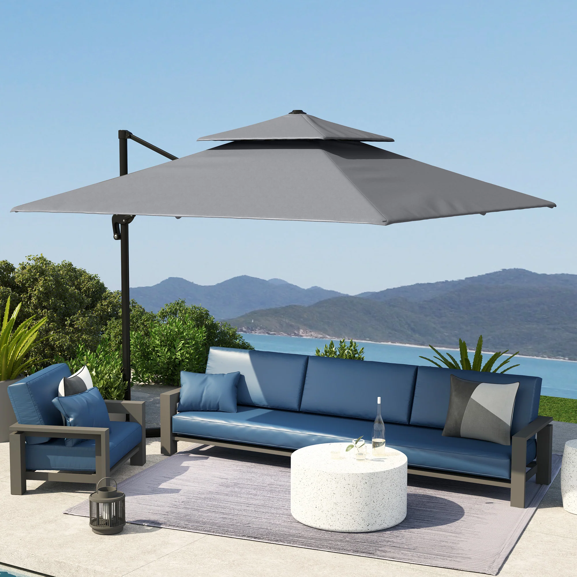 3m Cantilever Parasol with Double Top, 360° Rotation & Aluminium Frame, Light Grey - Image 10