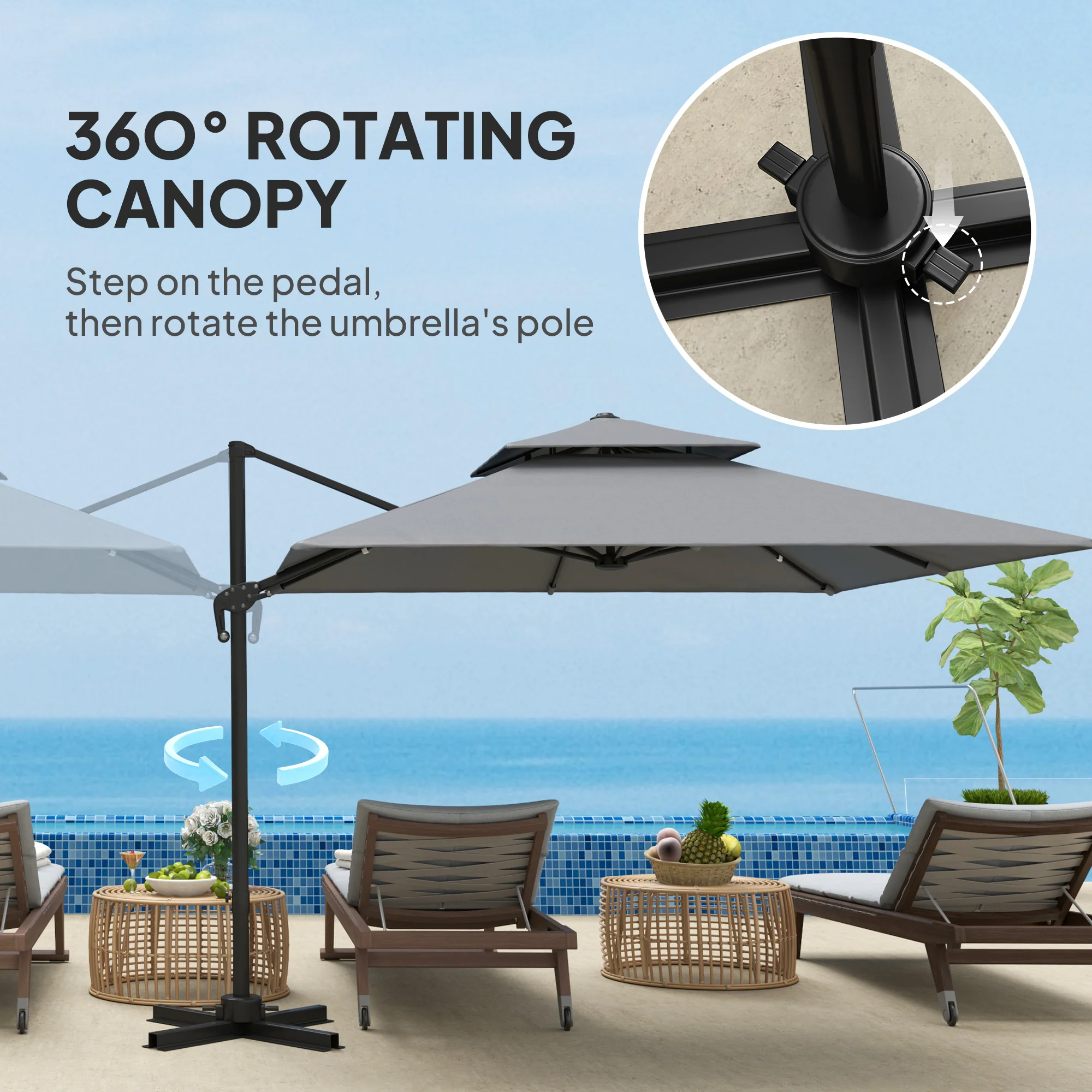 3m Cantilever Parasol with Double Top, 360° Rotation & Aluminium Frame, Light Grey - Image 6