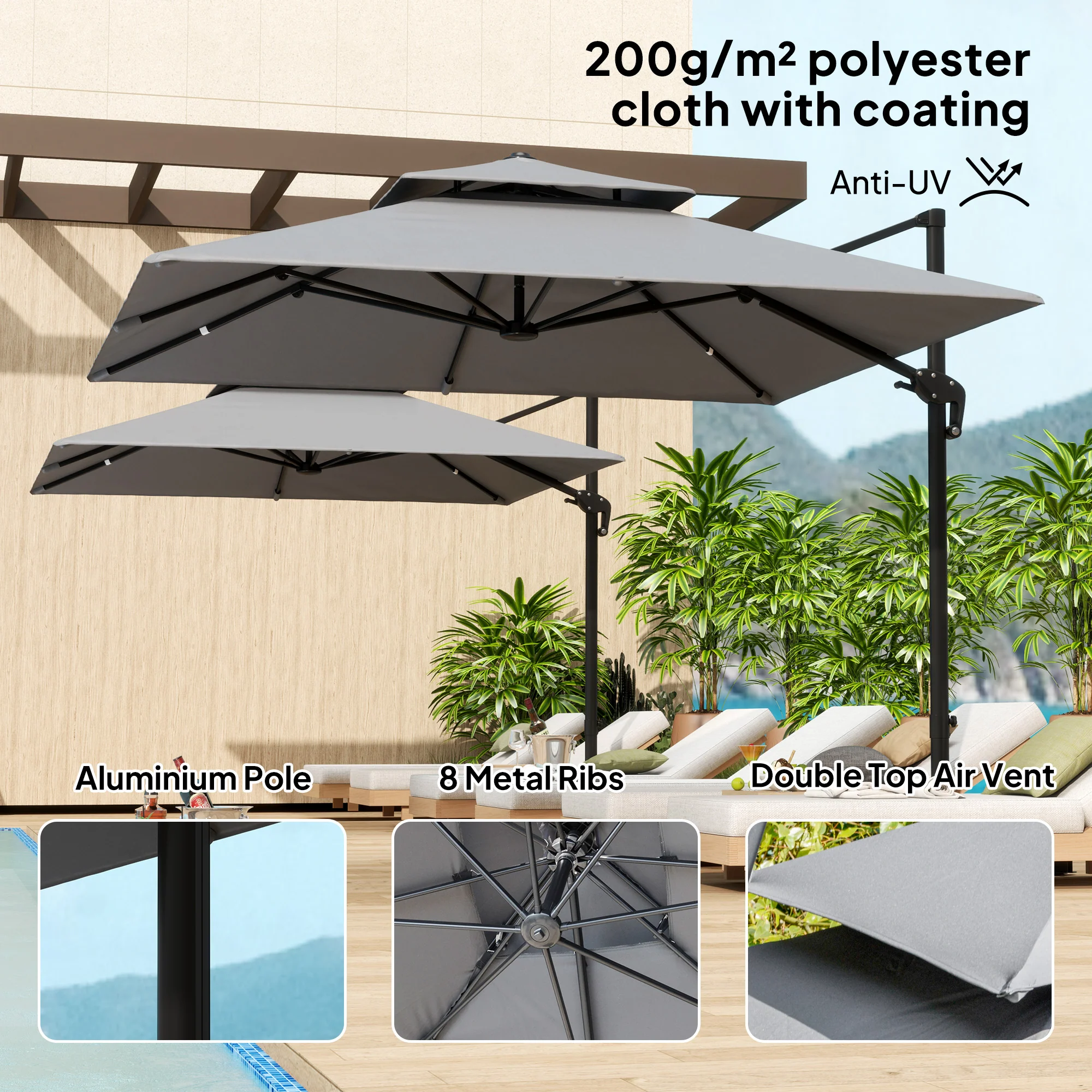 3m Cantilever Parasol with Double Top, 360° Rotation & Aluminium Frame, Light Grey - Image 8