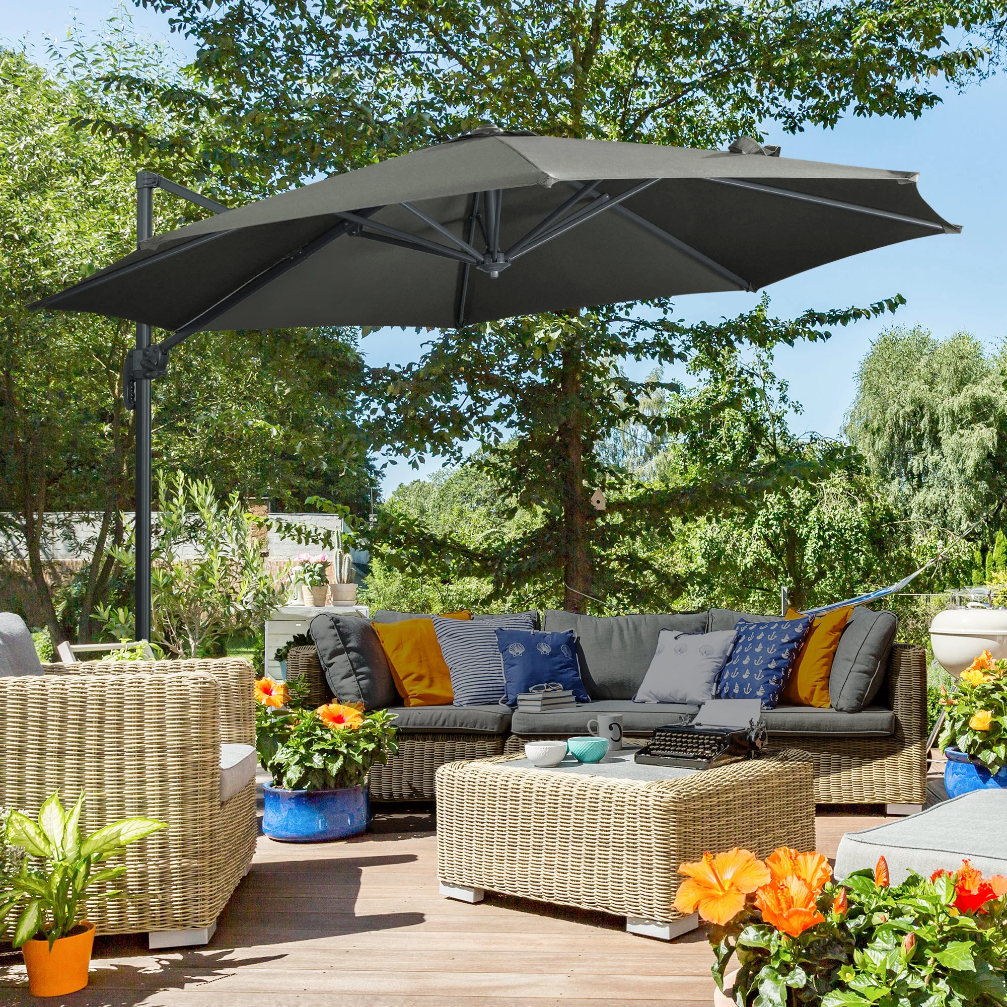 3m 360° Rotation Garden Cantilever Parasol with Tilt, Crank & Cross Base, Grey - Image 4