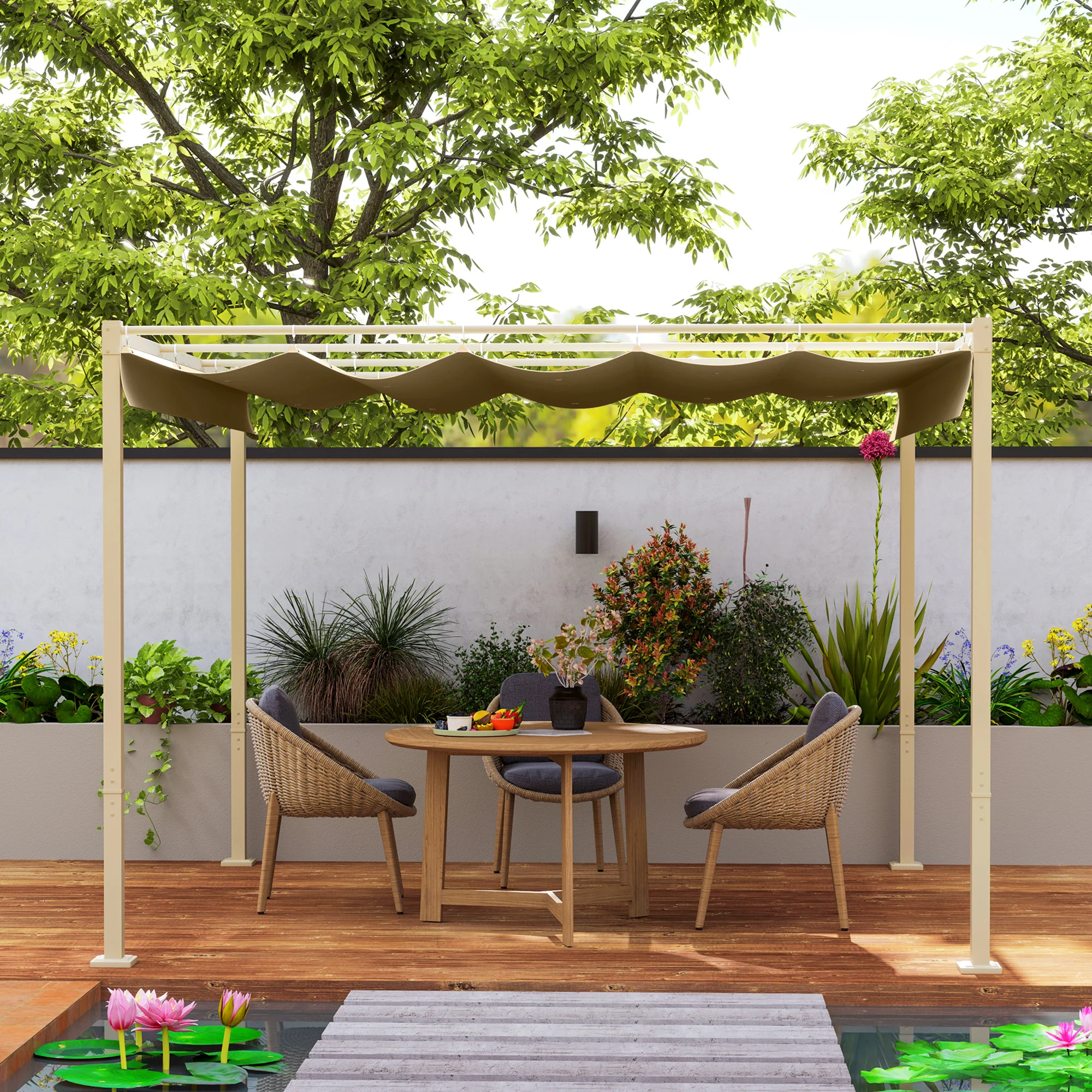 3 x 3m Garden Pergola with Retractable Roof & Magnetic Fixing, Khaki - Image 10