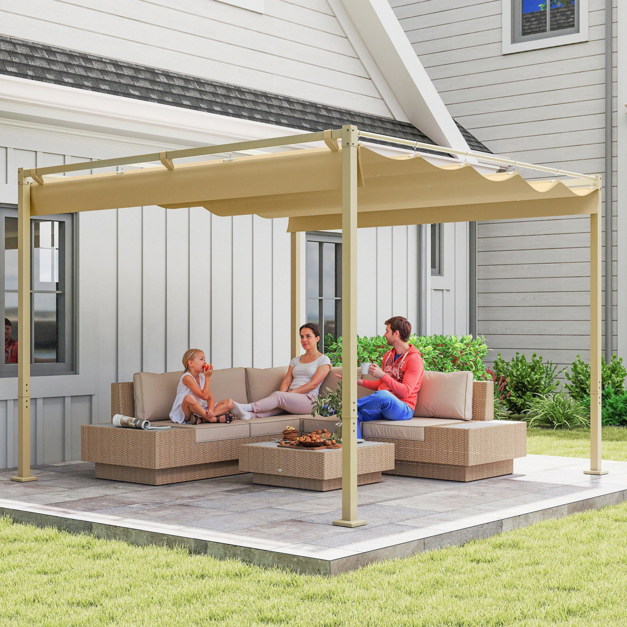 3 x 3m Garden Pergola with Retractable Roof & Magnetic Fixing, Khaki - Image 11