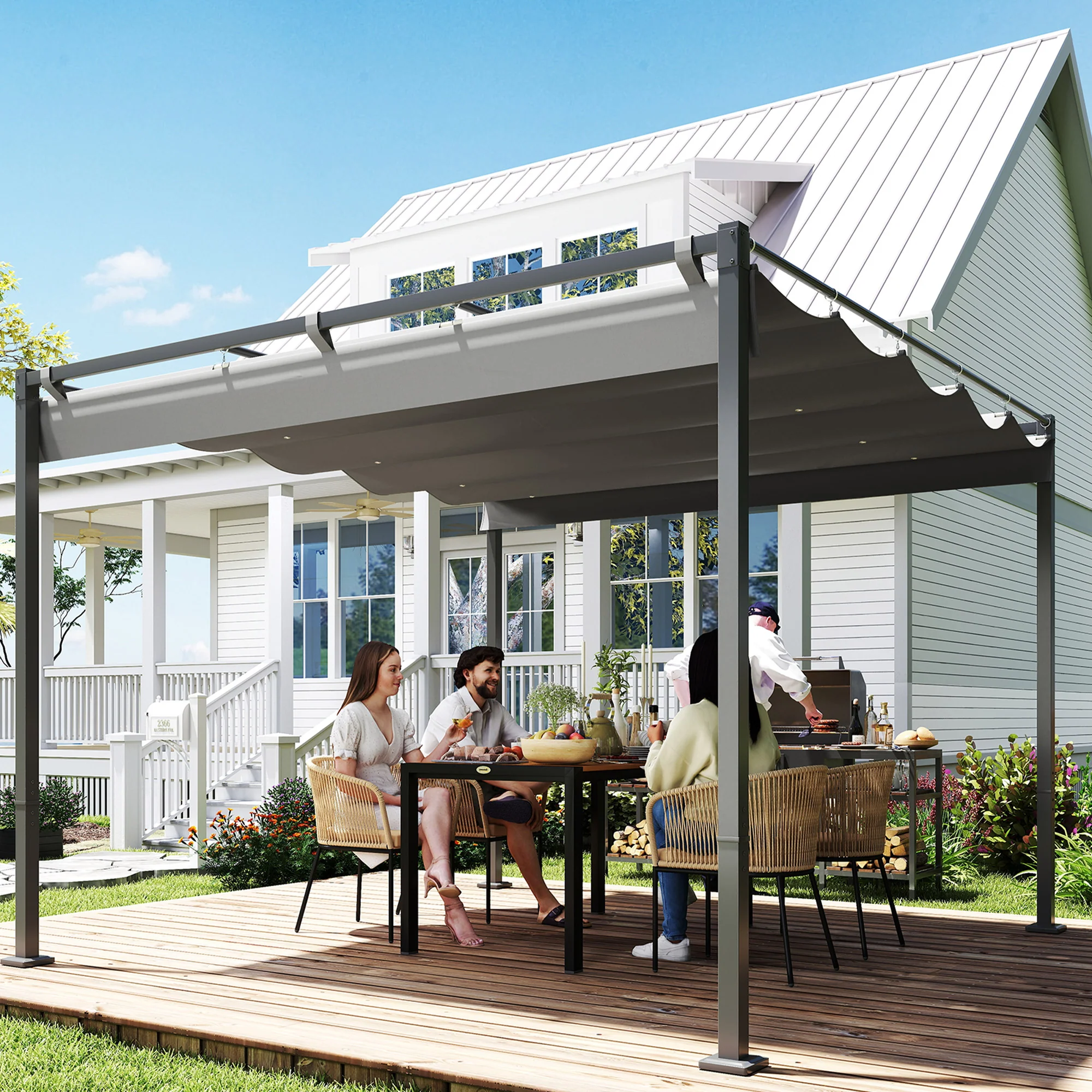 3 x 3m Garden Pergola with Retractable Roof & Magnetic Fixing, Grey - Image 4