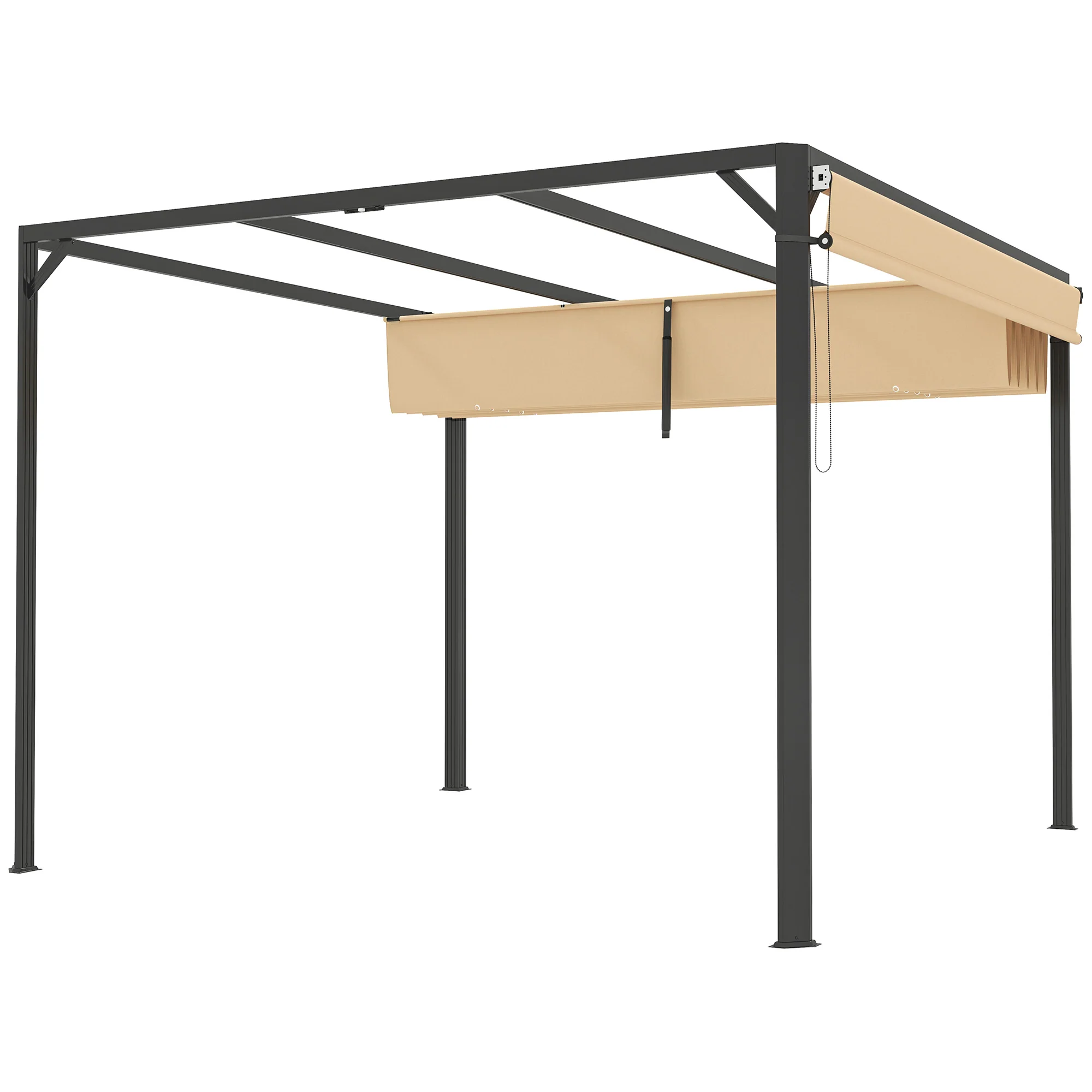 3 x 3m Garden Pergola with Retractable Canopy& Roller Shade, Aluminium Pergola Kit, Khaki - Image 2