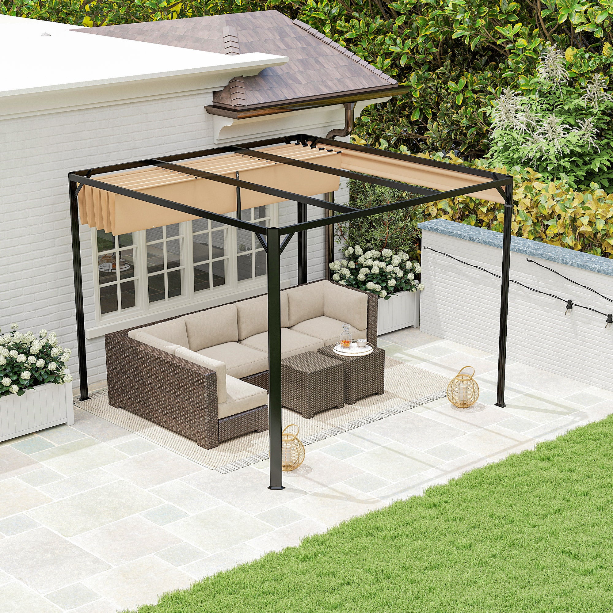 3 x 3m Garden Pergola with Retractable Canopy& Roller Shade, Aluminium Pergola Kit, Khaki - Image 3
