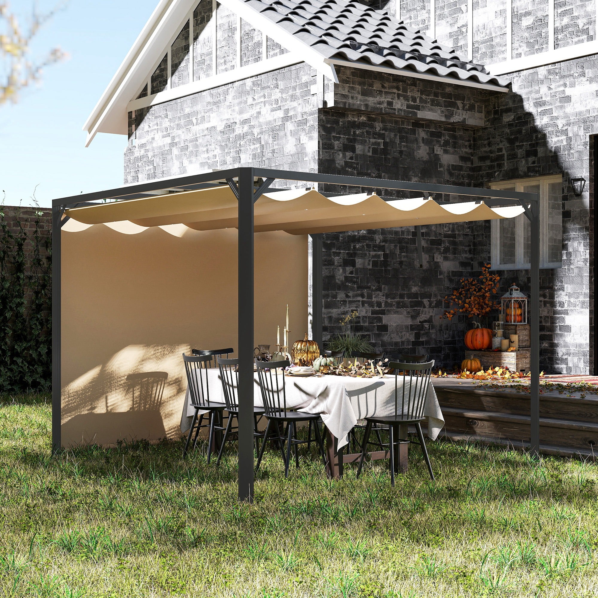 3 x 3m Garden Pergola with Retractable Canopy& Roller Shade, Aluminium Pergola Kit, Khaki - Image 4