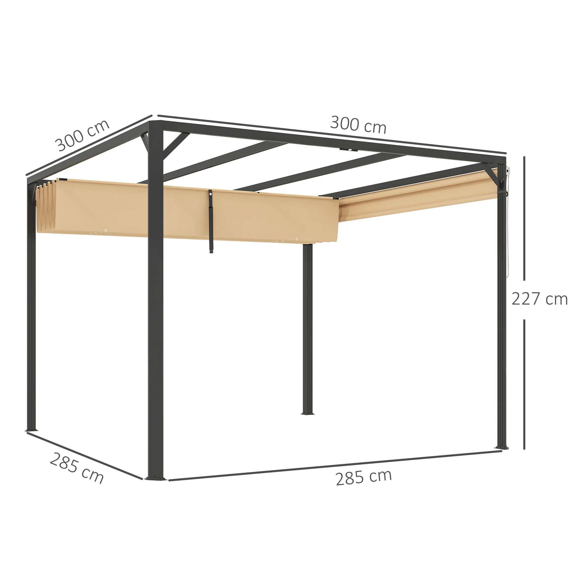3 x 3m Garden Pergola with Retractable Canopy& Roller Shade, Aluminium Pergola Kit, Khaki - Image 5