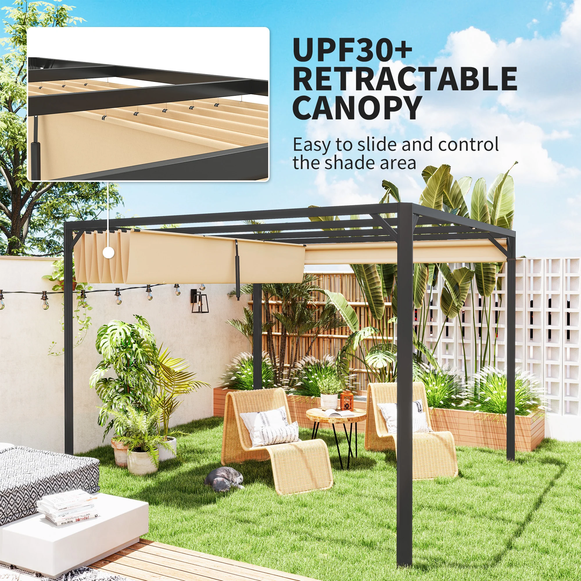 3 x 3m Garden Pergola with Retractable Canopy& Roller Shade, Aluminium Pergola Kit, Khaki - Image 6