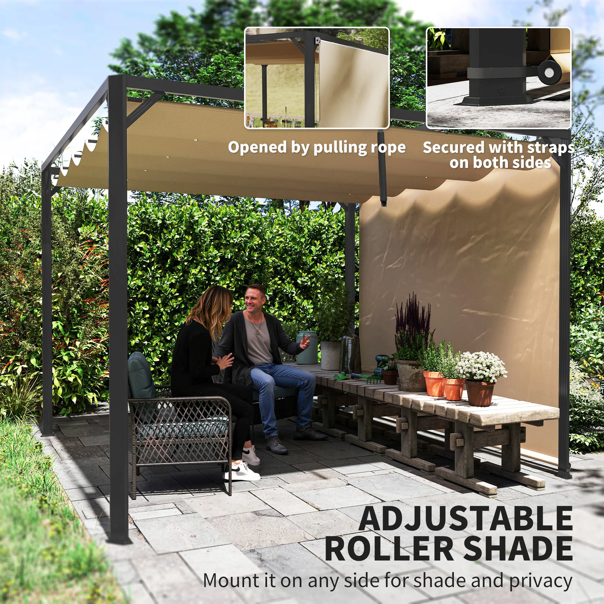 3 x 3m Garden Pergola with Retractable Canopy& Roller Shade, Aluminium Pergola Kit, Khaki - Image 7
