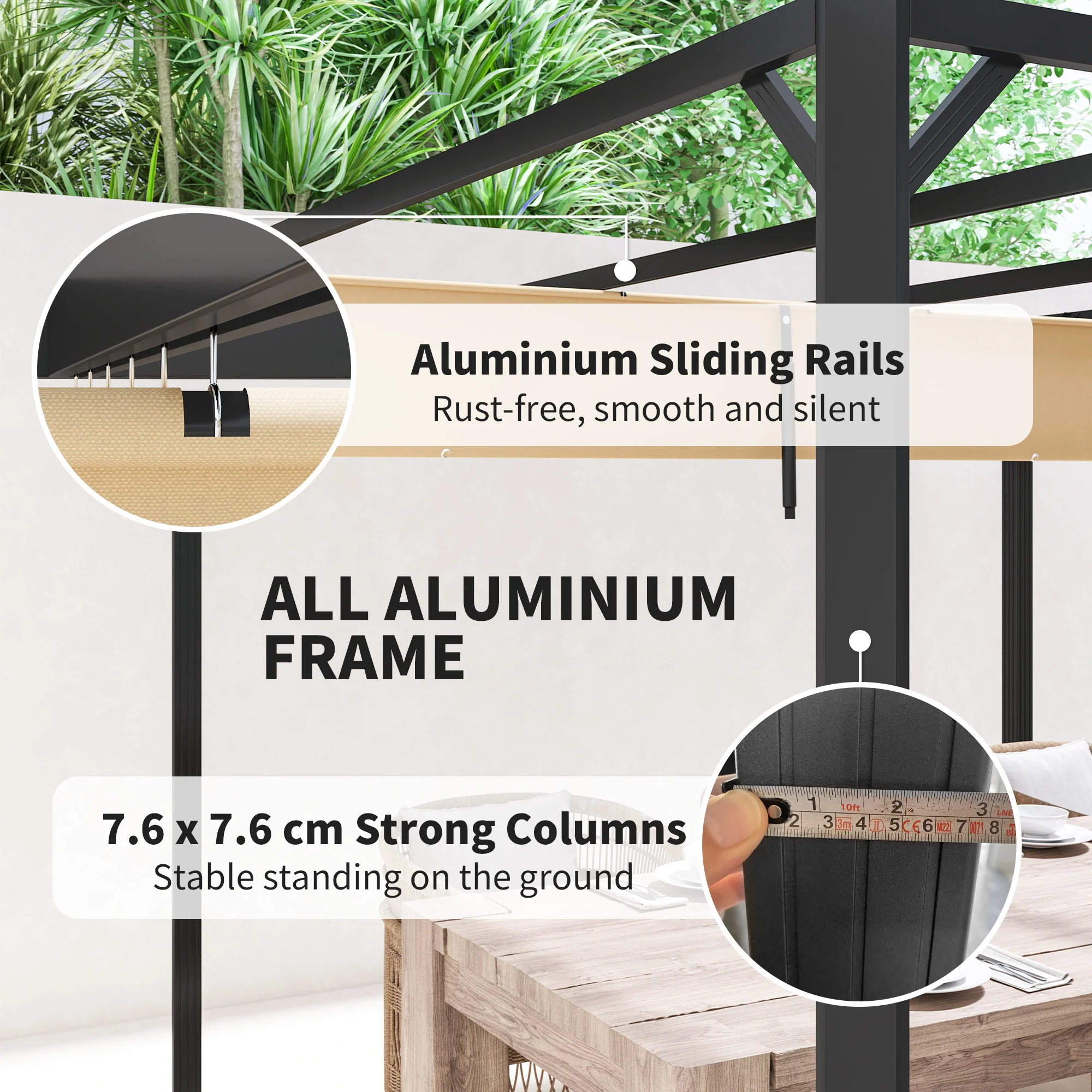 3 x 3m Garden Pergola with Retractable Canopy& Roller Shade, Aluminium Pergola Kit, Khaki - Image 8
