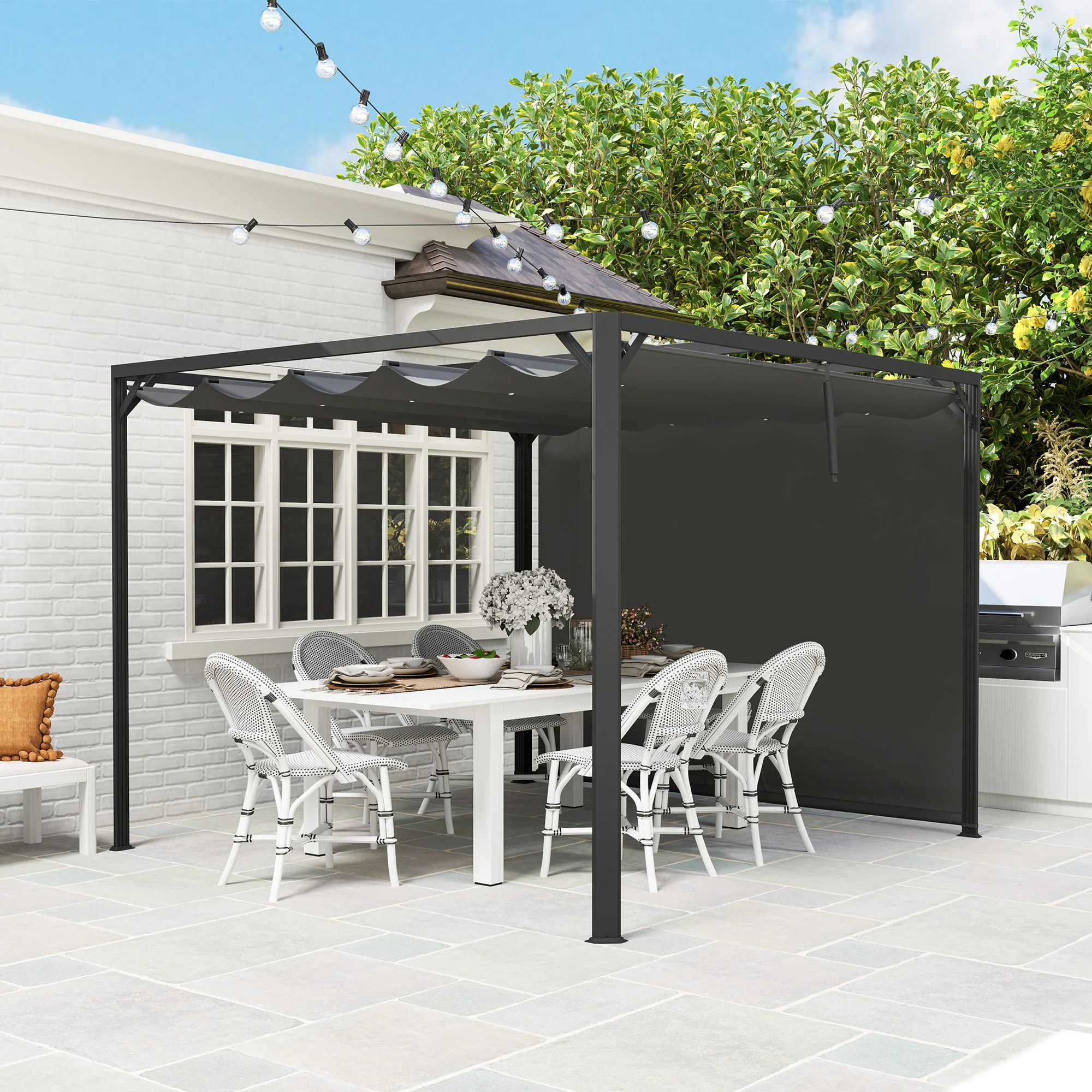 3 x 3m Garden Pergola with Retractable Canopy & Roller Shade, Aluminium Pergola Kit, Dark Grey - Image 10