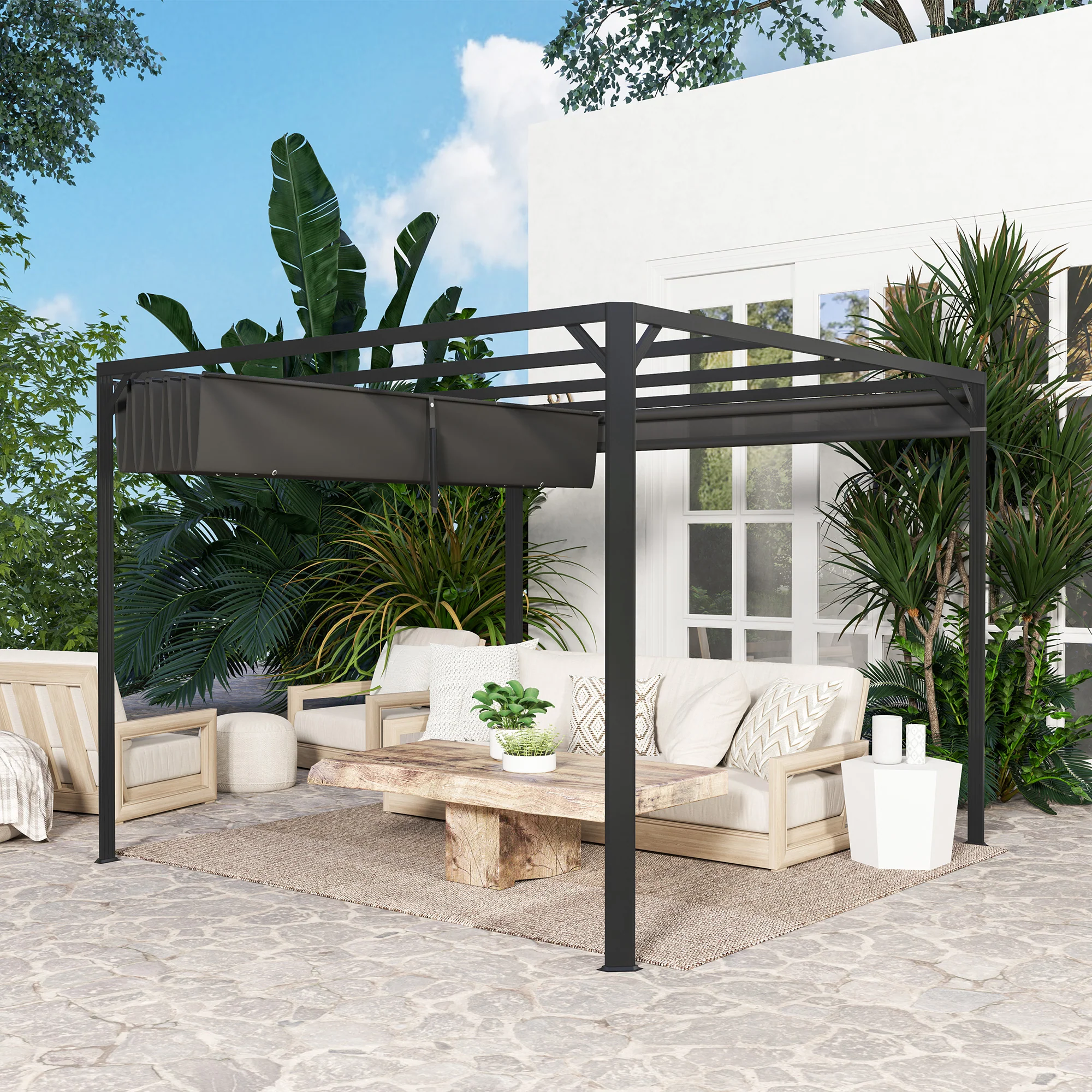 3 x 3m Garden Pergola with Retractable Canopy & Roller Shade, Aluminium Pergola Kit, Dark Grey - Image 11