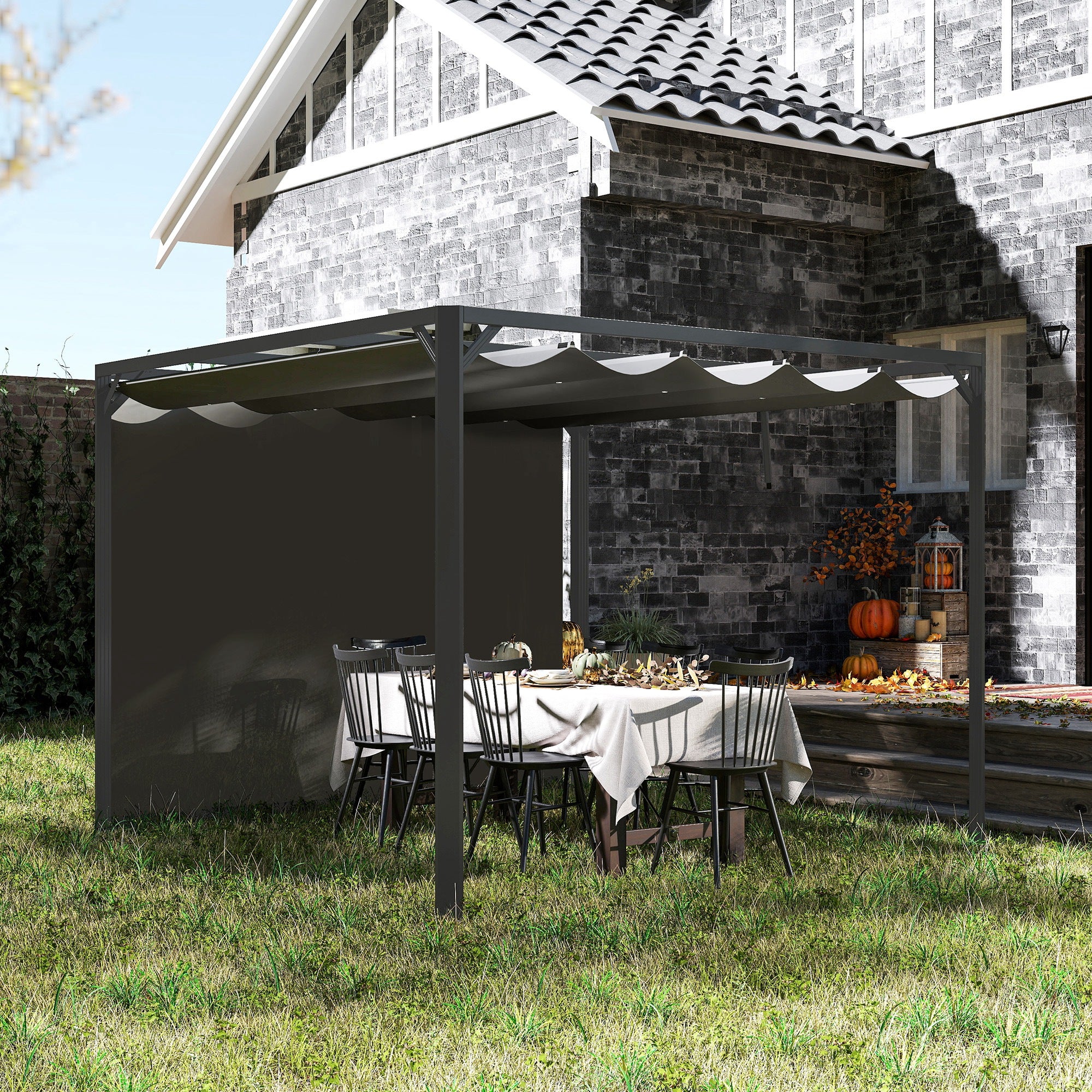 3 x 3m Garden Pergola with Retractable Canopy & Roller Shade, Aluminium Pergola Kit, Dark Grey - Image 4