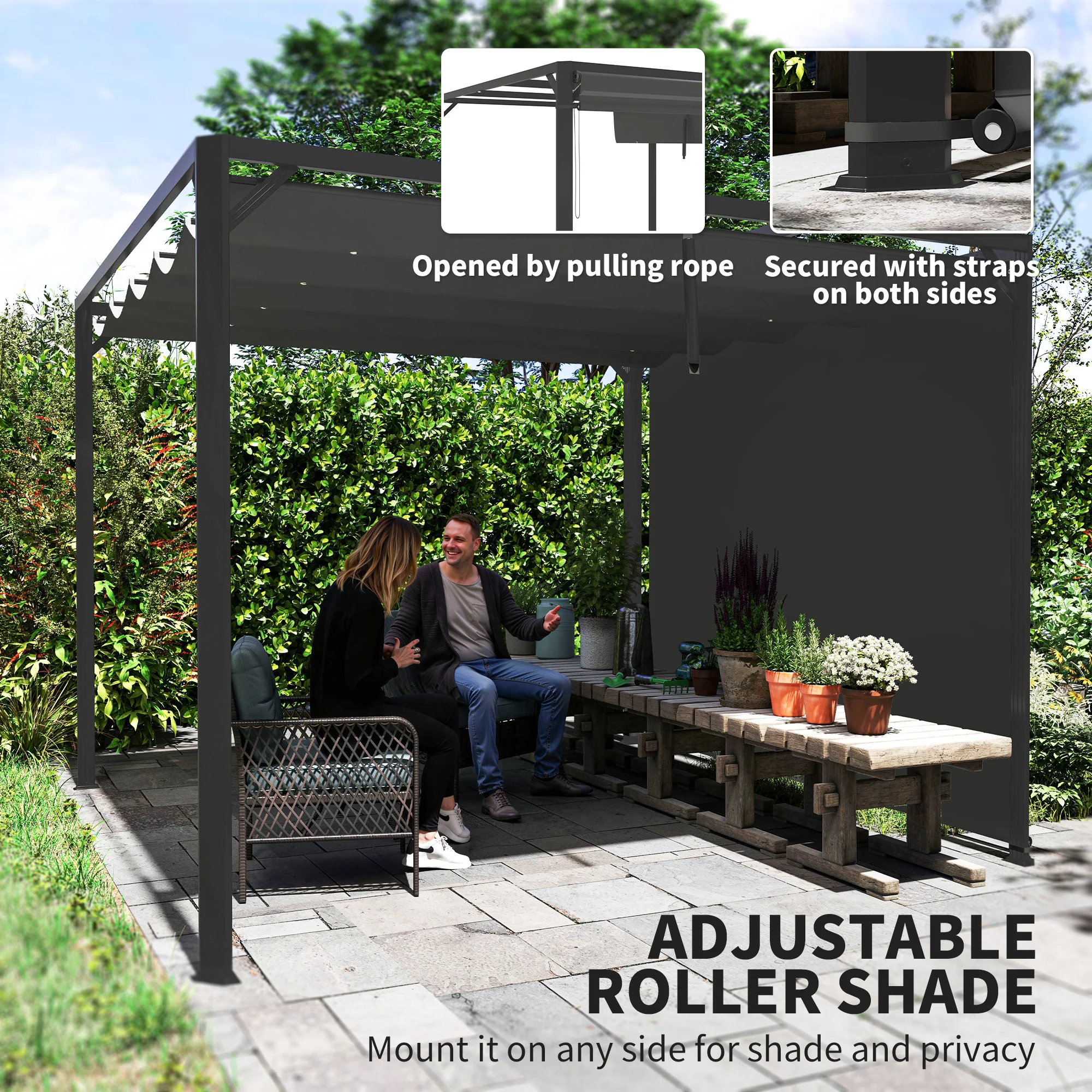 3 x 3m Garden Pergola with Retractable Canopy & Roller Shade, Aluminium Pergola Kit, Dark Grey - Image 7