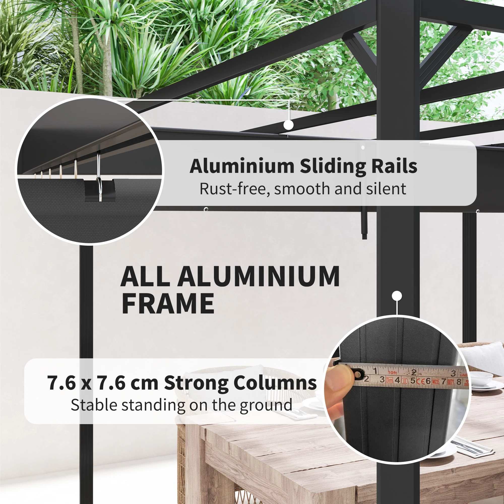 3 x 3m Garden Pergola with Retractable Canopy & Roller Shade, Aluminium Pergola Kit, Dark Grey - Image 8