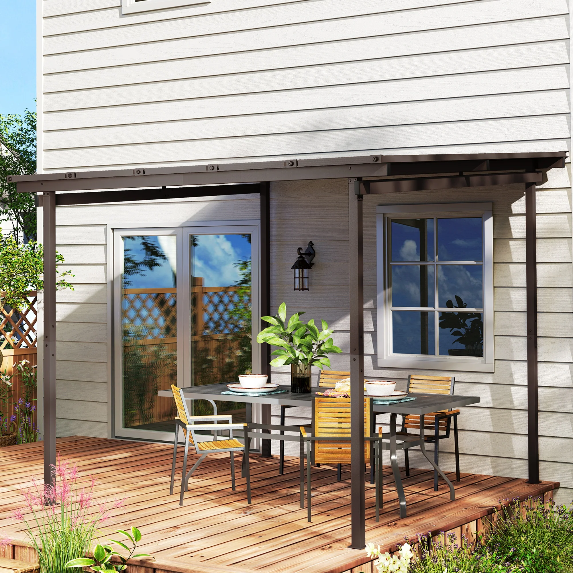 3 x 3m Garden Lean to Pergola Hardtop Gazebo with Waterproof Metal Roof, Easy to Assemble - Image 4
