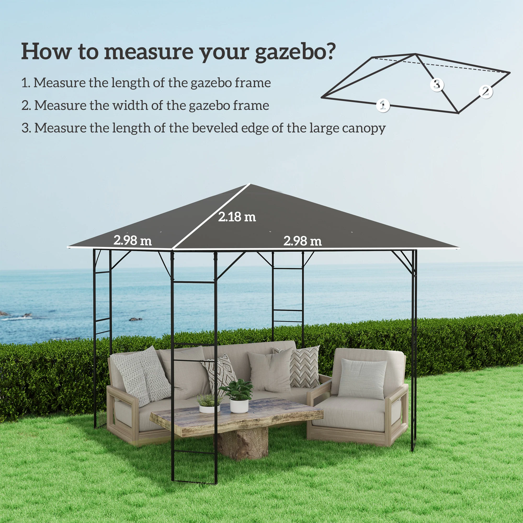 3 x 3m Waterproof Gazebo Canopy Replacement Cover with Drain Holes, 370g/©O Grey - Image 5