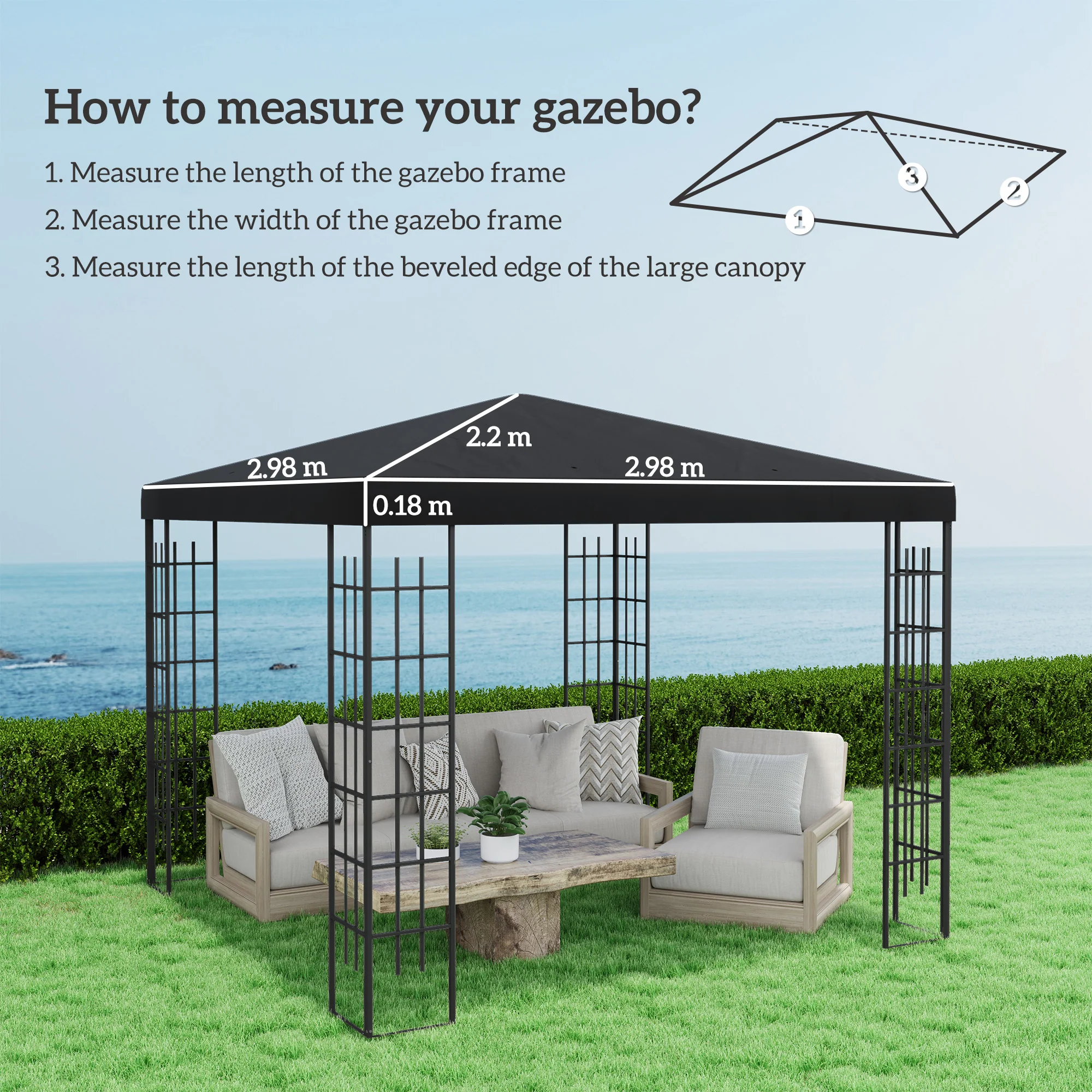 3 x 3m Waterproof Gazebo Canopy Replacement Cover with Drain Holes, 370g/㎡, Black - Image 5