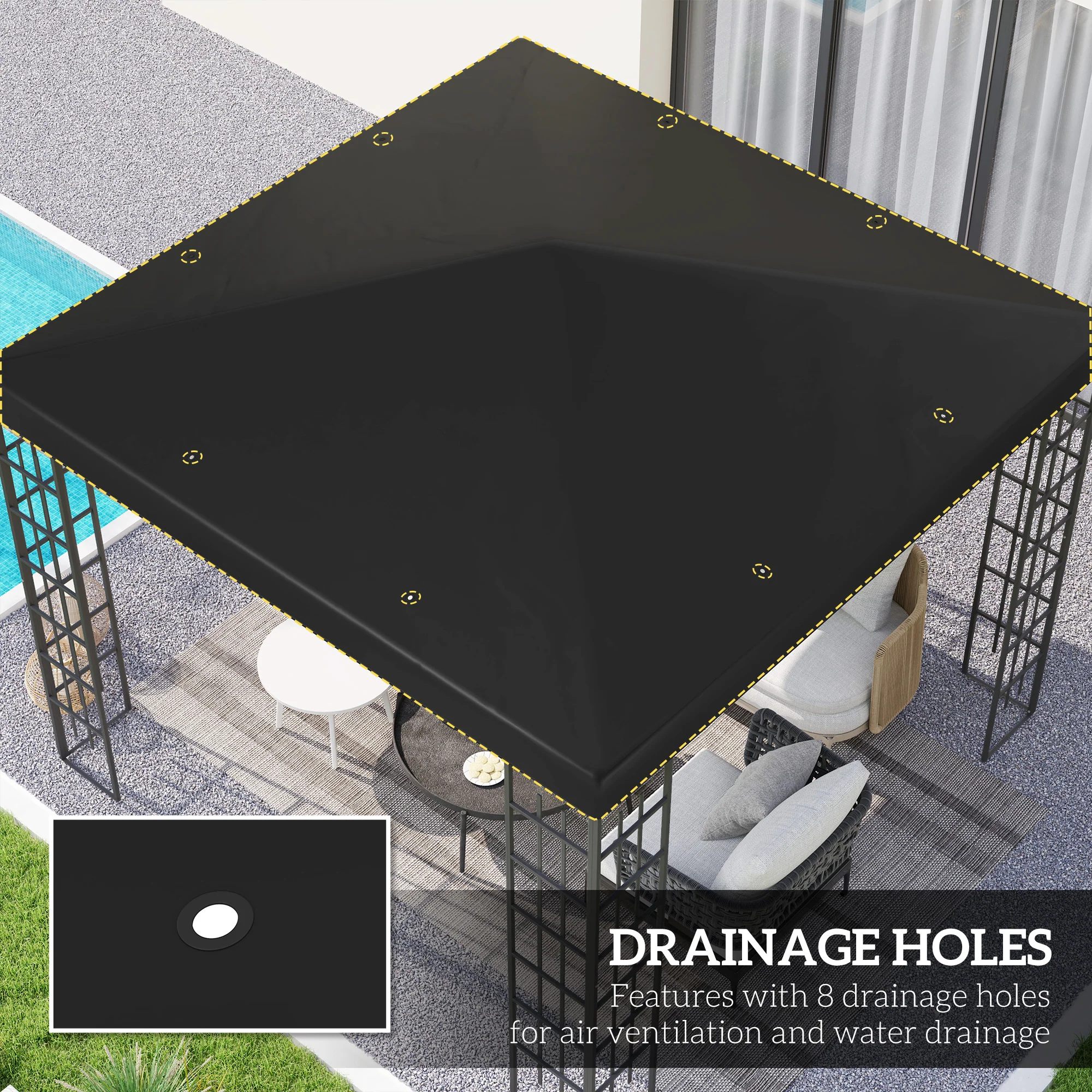 3 x 3m Waterproof Gazebo Canopy Replacement Cover with Drain Holes, 370g/㎡, Black - Image 6