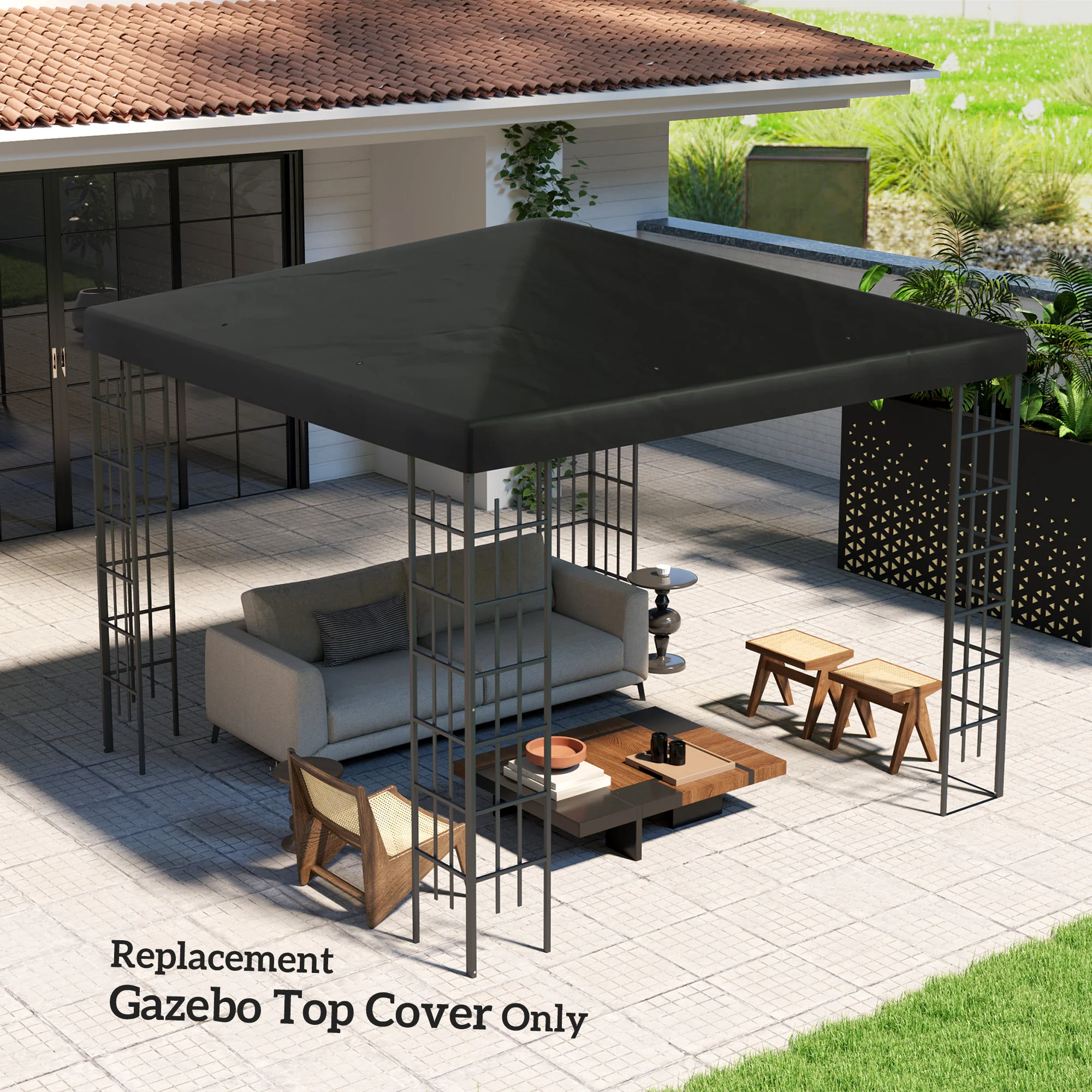 3 x 3m Waterproof Gazebo Canopy Replacement Cover with Drain Holes, 370g/㎡, Black - Image 9