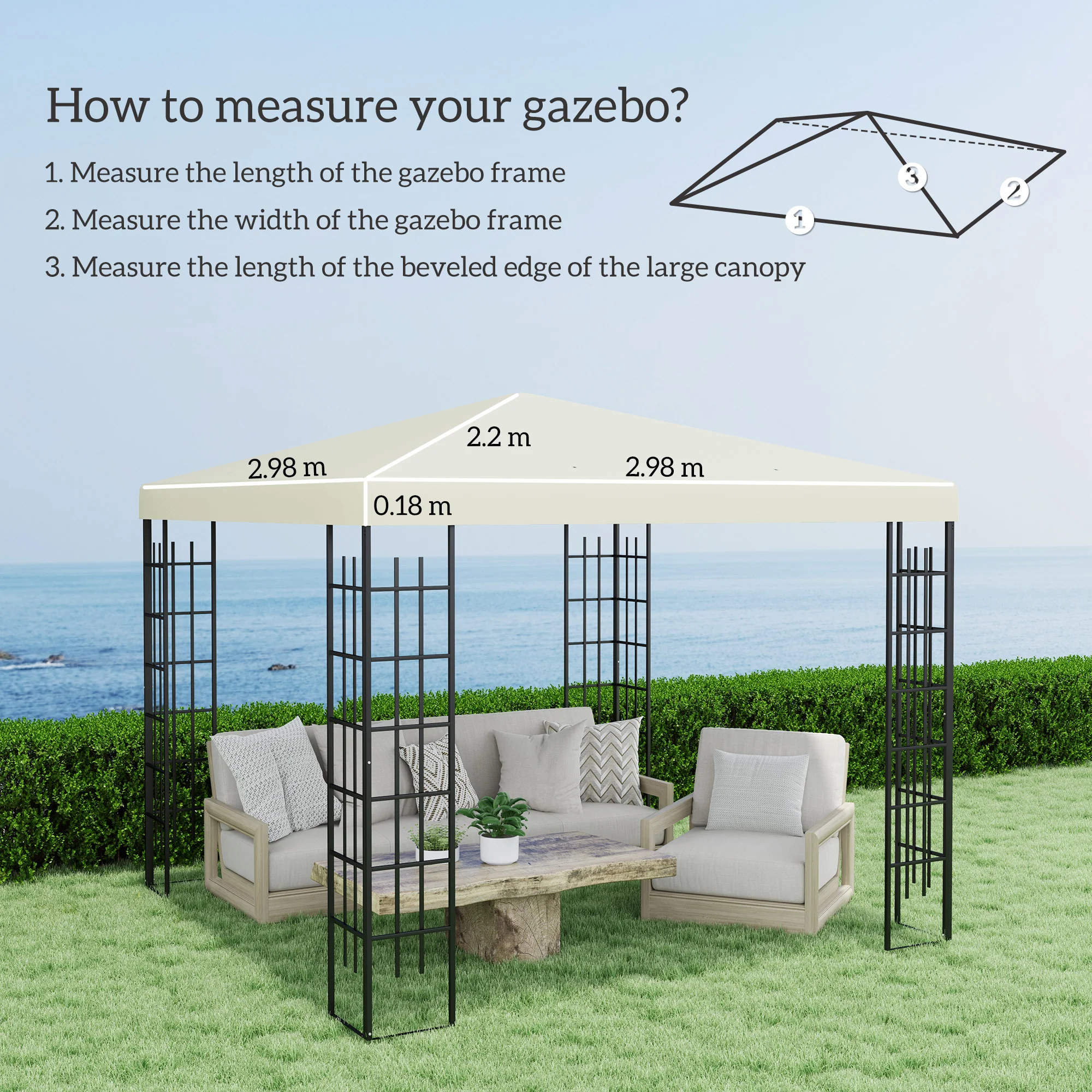 3 x 3m Waterproof Gazebo Canopy Replacement Cover with Drain Holes, 370g/㎡, Cream White - Image 5