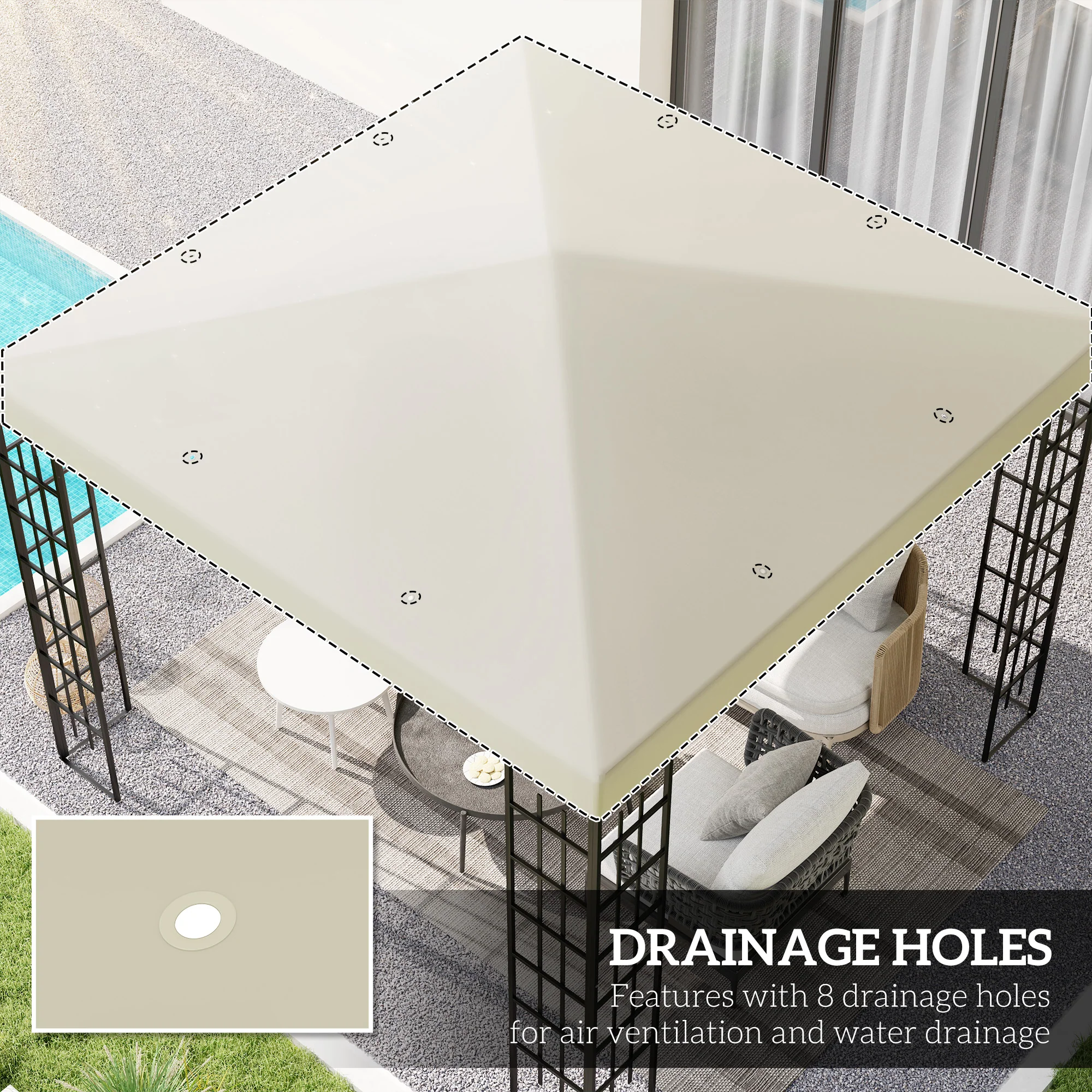 3 x 3m Waterproof Gazebo Canopy Replacement Cover with Drain Holes, 370g/㎡, Cream White - Image 6